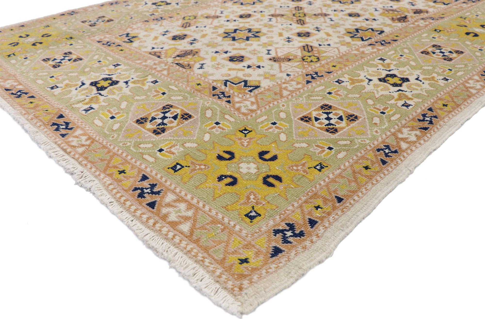 52615 vintage Turkish Sivas rug with geometric design and Islamic Tile Art style. With a bold geometric design and Islamic tile art style, this hand knotted wool vintage Turkish Sivas rug astounds with its beauty. The field is covered in a