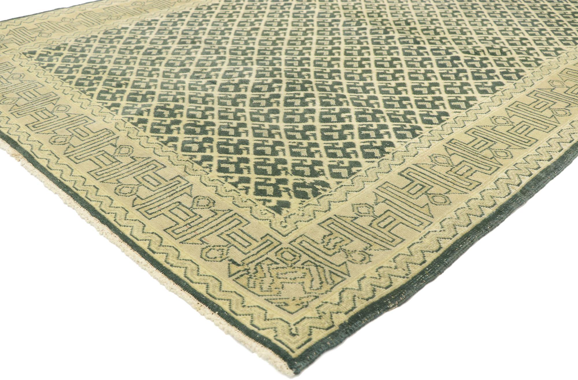 51269, Vintage Turkish Sivas Rug with Modernist Art Deco Style, Konya Inspired Rug 04'01 X 06'06. This hand knotted wool vintage Turkish Sivas rug features an all-over diaper pattern spread across a dark backdrop. This vintage Sivas rug closely