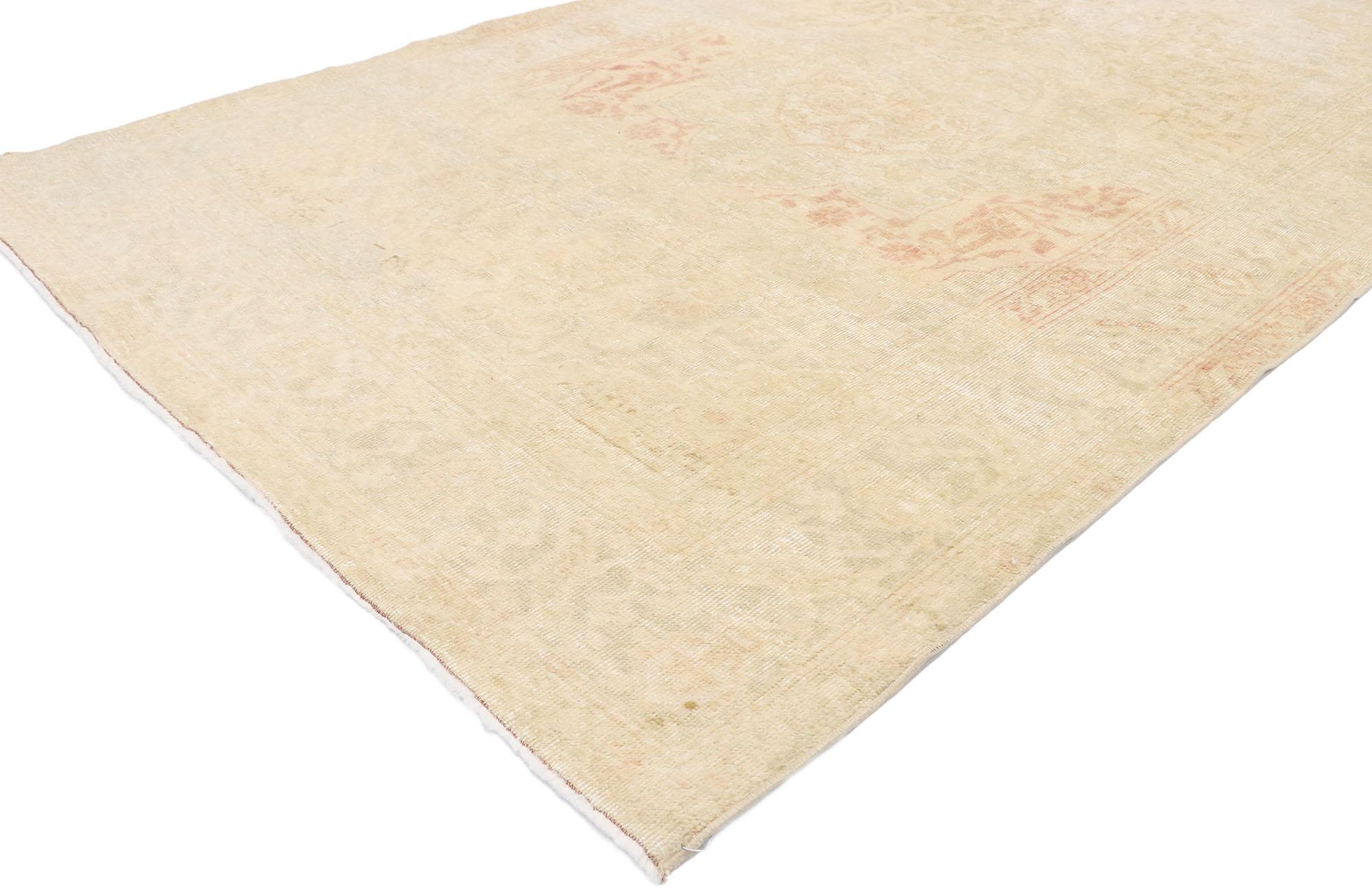 53472 Vintage Turkish Sivas rug with Romantic English Country Cottage style. With a timeless botanical pattern and rustic sensibility with a hint of romantic connotations, this hand knotted wool distressed vintage Turkish Sivas rug beautifully