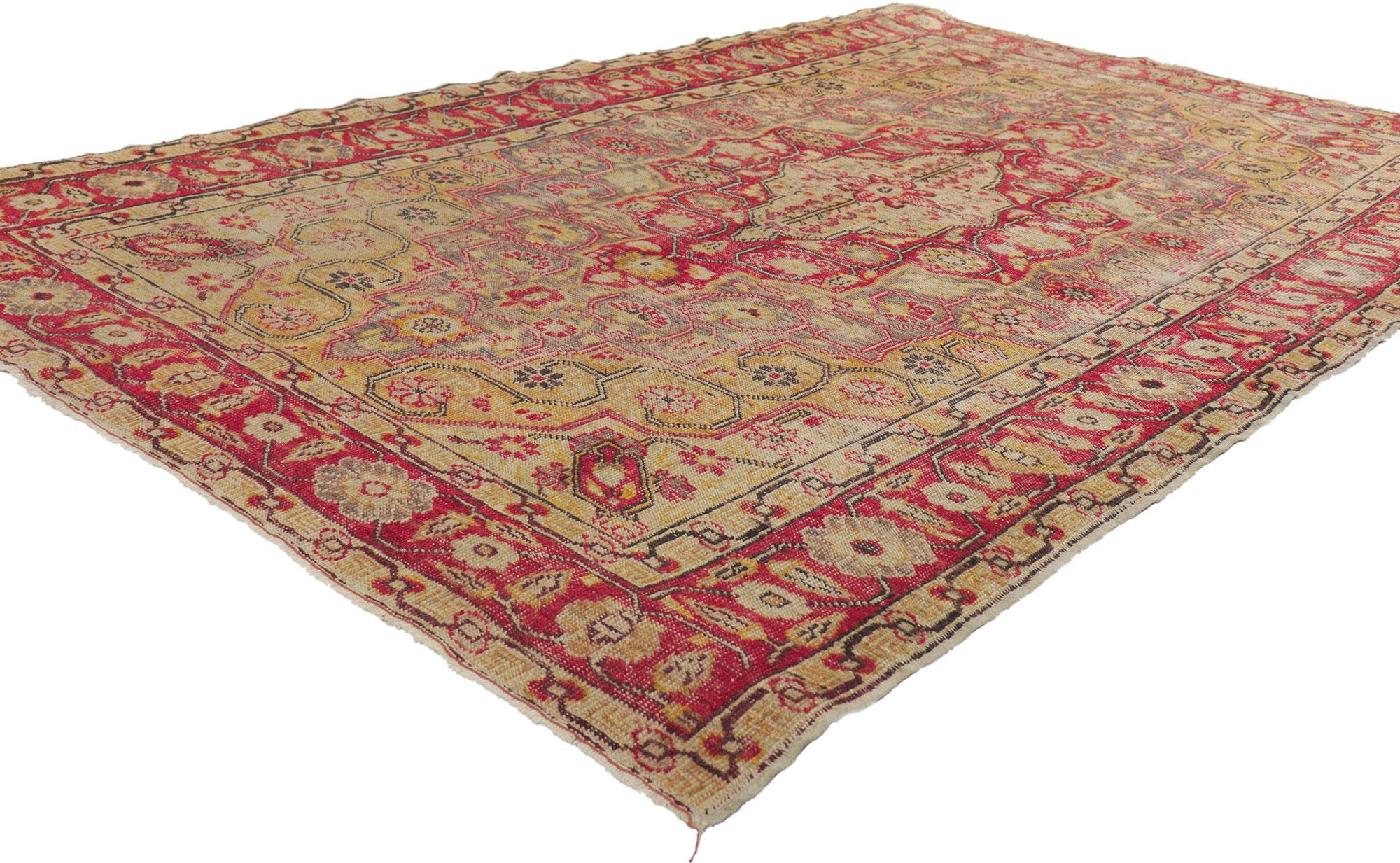 73906 Rustic Vintage Turkish Sivas Rug, 04'05 x 06'11.
Rendered in variegated shades of red, purple, gold, tan, beige, and brown with other accent colors.
Distressed. Desirable Age Wear.
Abrash.
Hand knotted wool.
Made in Turkey.
Measures: