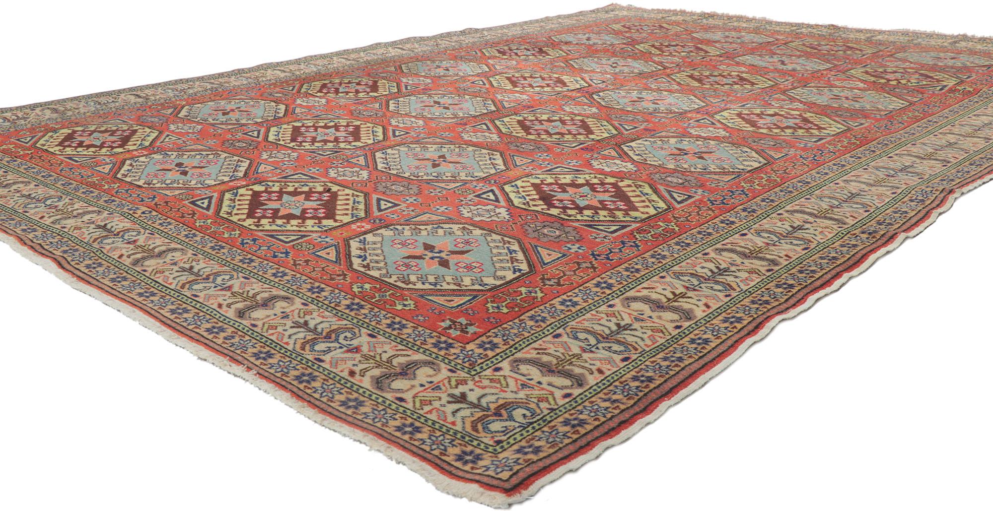 ​78284 Vintage Turkish Sivas Rug, 07'07 x 10'08.
Introducing the enchanting hand-knotted wool distressed vintage Turkish Sivas rug! Feast your eyes on its captivating allover geometric pattern, gracefully sprawled across a mesmerizing abrashed red