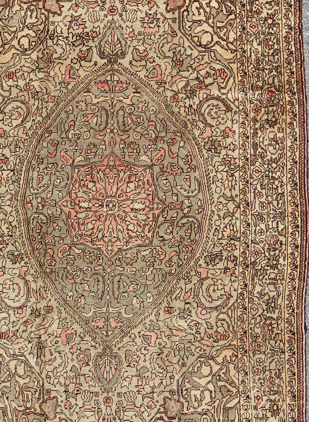 Oushak Vintage Turkish Sivas with Floral Central Medallion in Coral and Earthy Tones For Sale