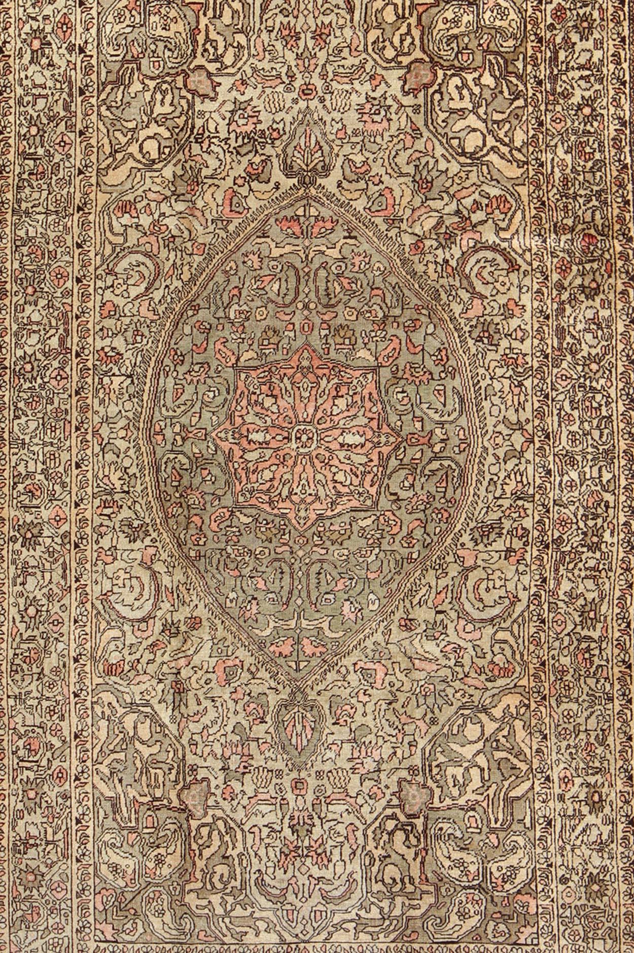 Hand-Knotted Vintage Turkish Sivas with Floral Central Medallion in Coral and Earthy Tones For Sale
