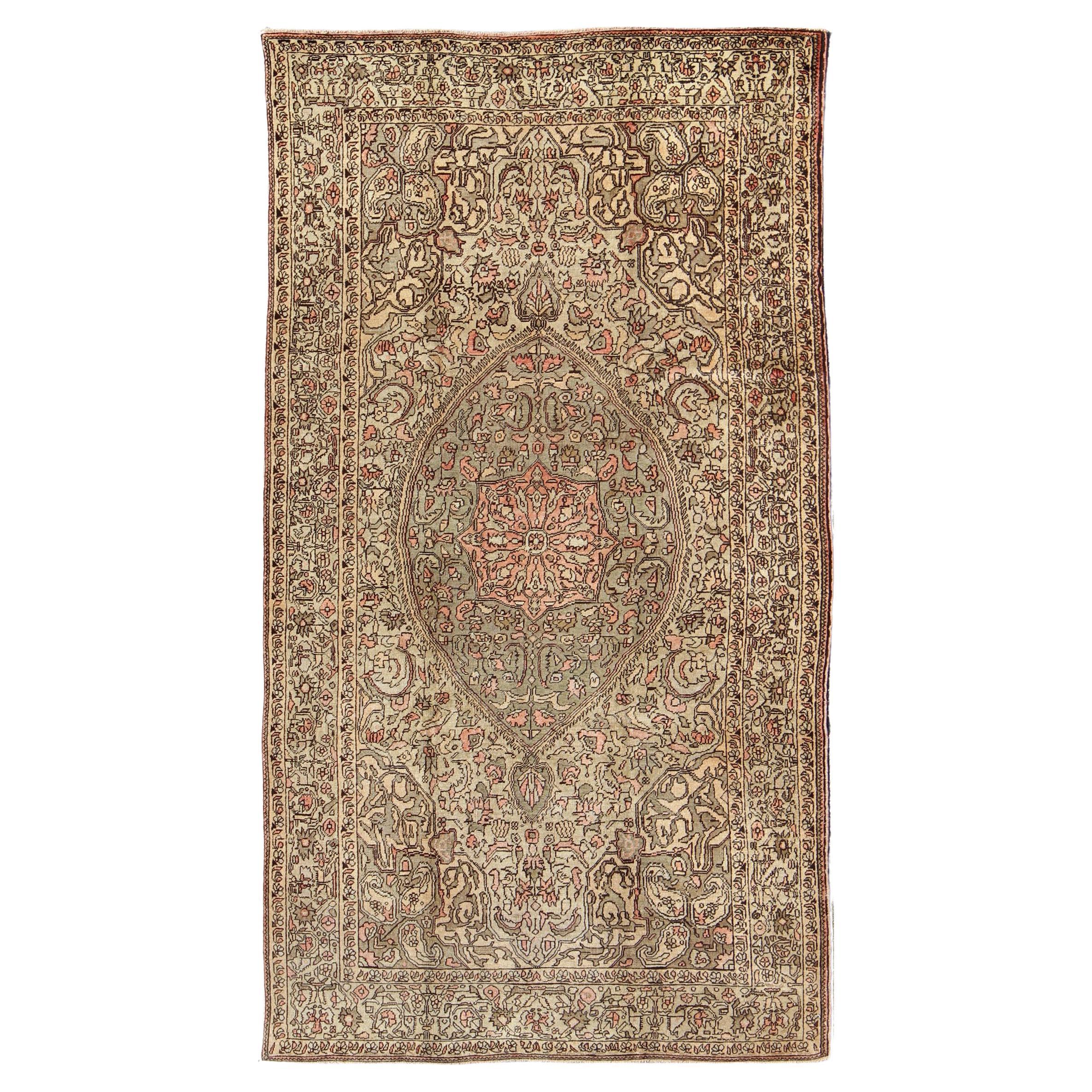 Vintage Turkish Sivas with Floral Central Medallion in Coral and Earthy Tones