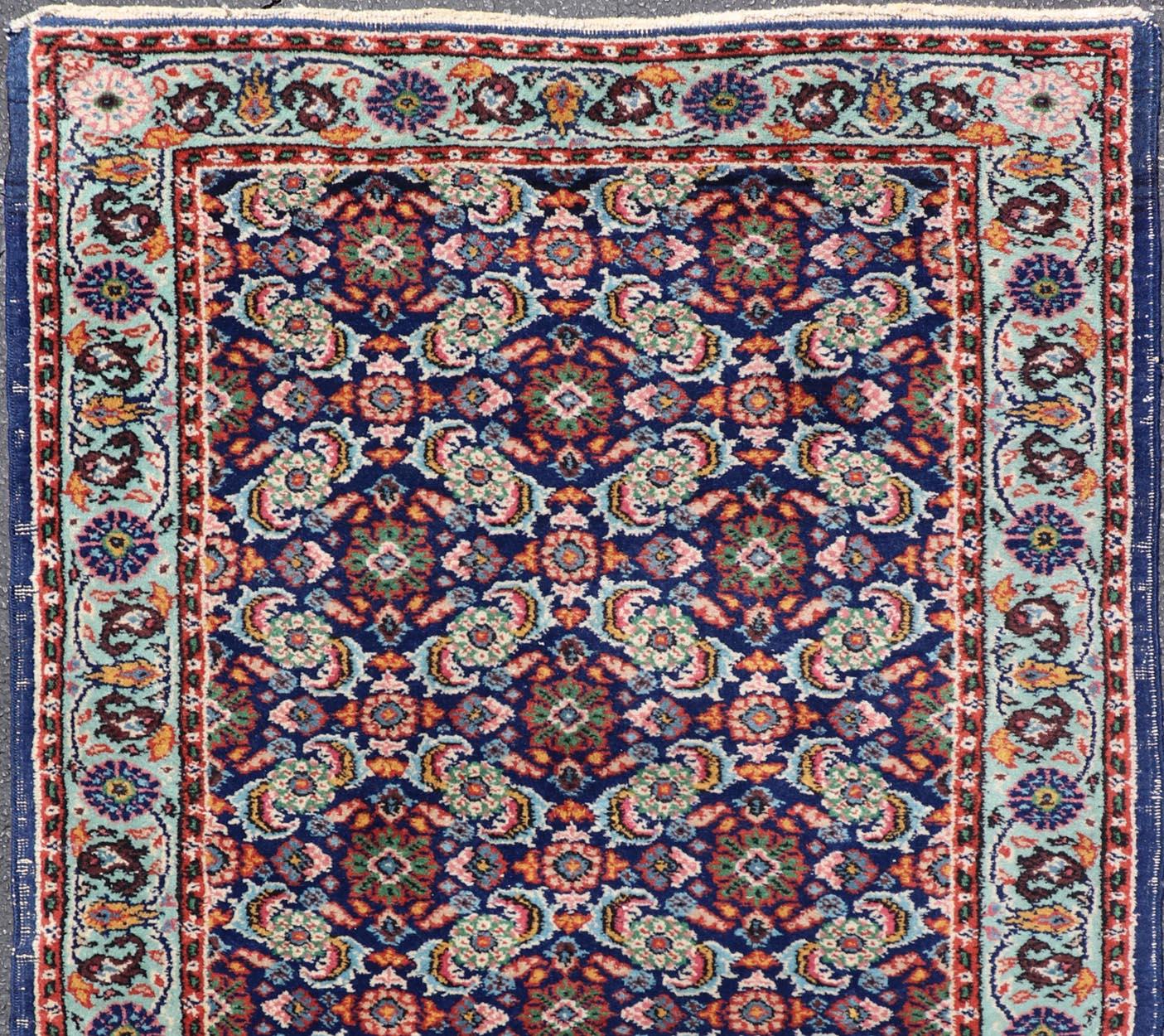 Hand-Knotted Vintage Turkish Sparta Oushak Rug in Deep Blue, Red, and Green 3'0 x 5'0 For Sale