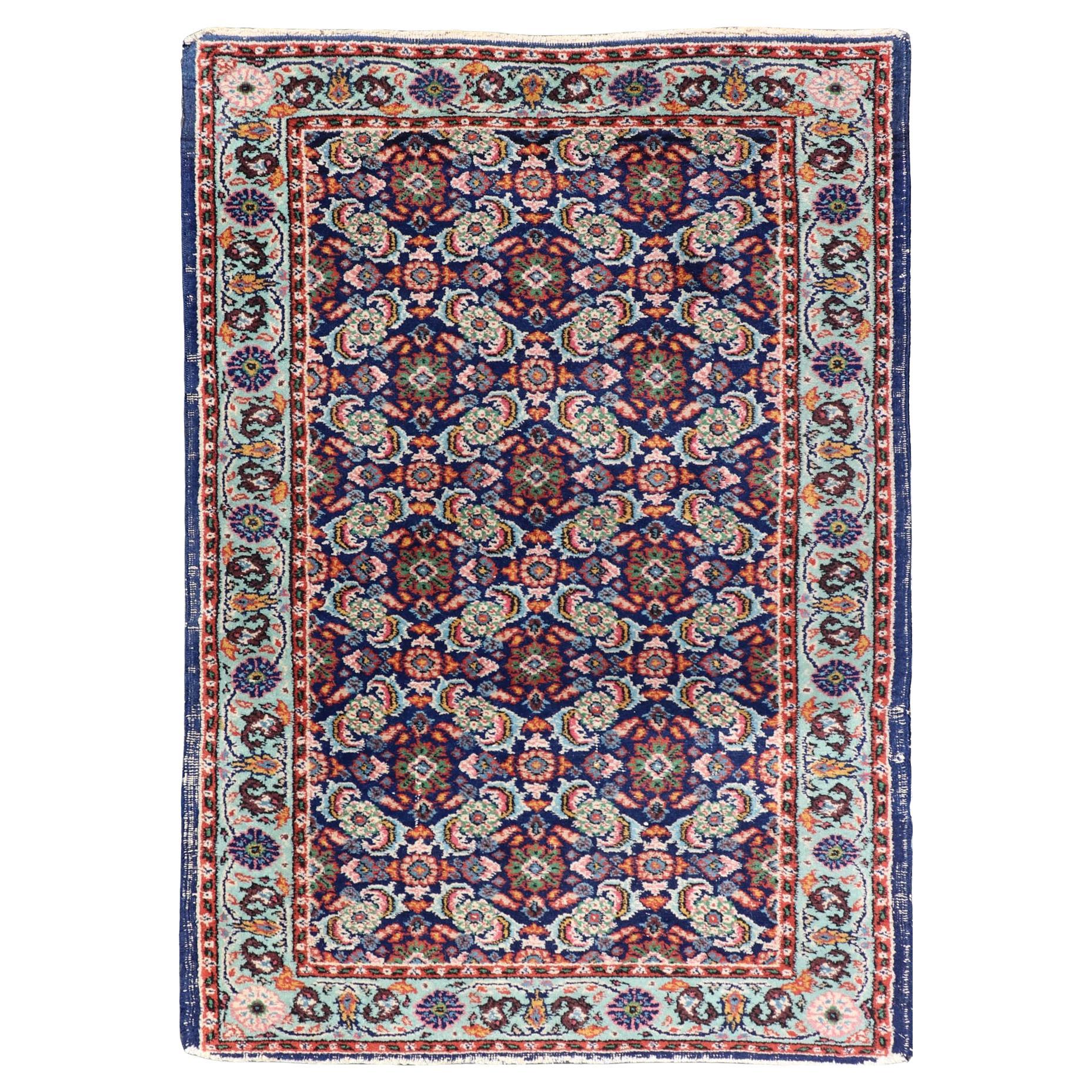 Vintage Turkish Sparta Oushak Rug in Deep Blue, Red, and Green 3'0 x 5'0 For Sale