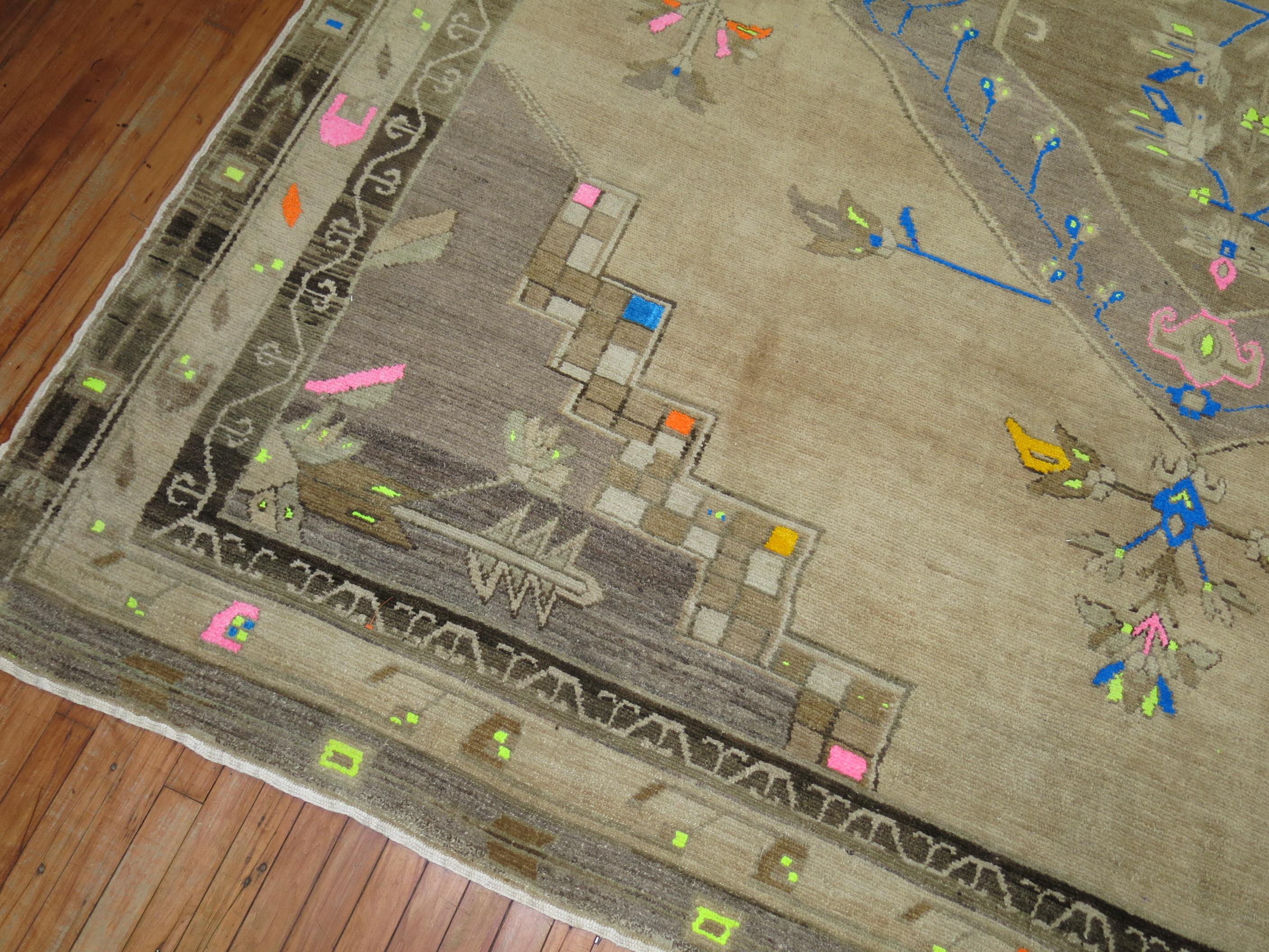 A one of a kind boutique looking square size vintage Turkish Kars rug featuring accents in electric blue, int green yellow and pink.

Measures: 10'3