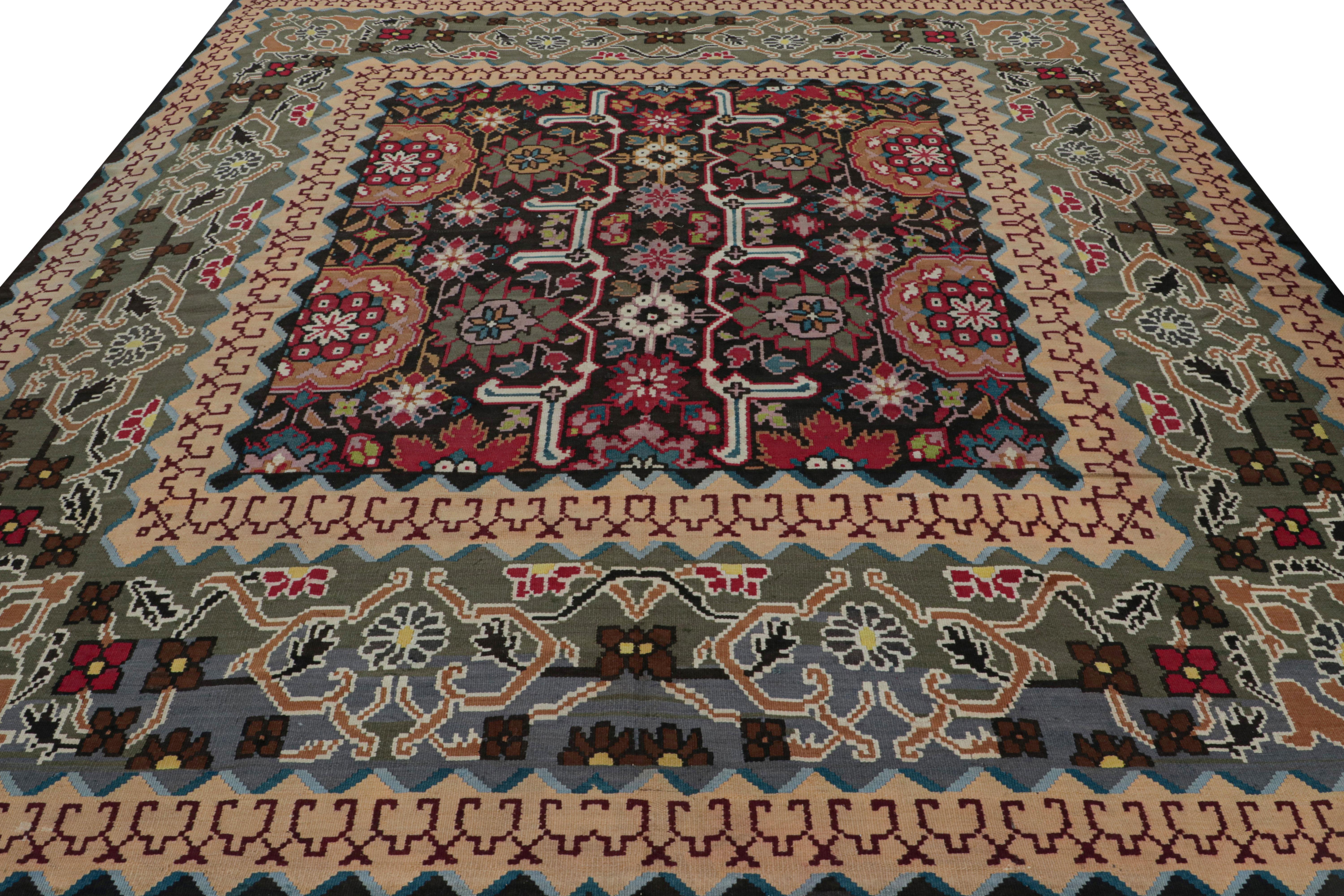 Handwoven in wool, circa 1950-1960, this 10x10 vintage square kilim is believed to originate from Turkey and its design is a rare one with some elements of Balkan design. 

On the Design: 

Drawing on Turkish kilim sensibilities, this archaic piece