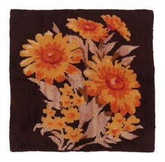 Vintage Turkish Square Rug with Saffron and Brown Floral Elegance - Rug & Kilim