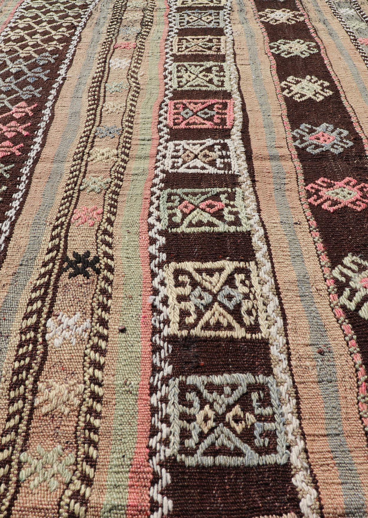 Vintage Turkish Striped Hand Woven  Kilim with Geometric Design  For Sale 4