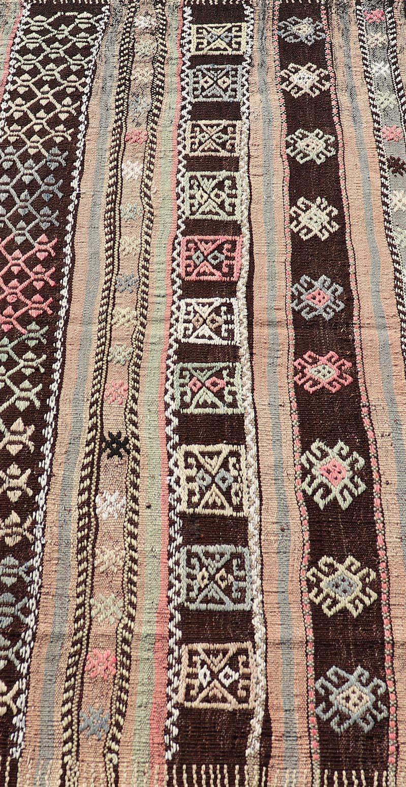 Vintage Turkish Striped Hand Woven  Kilim with Geometric Design  For Sale 3