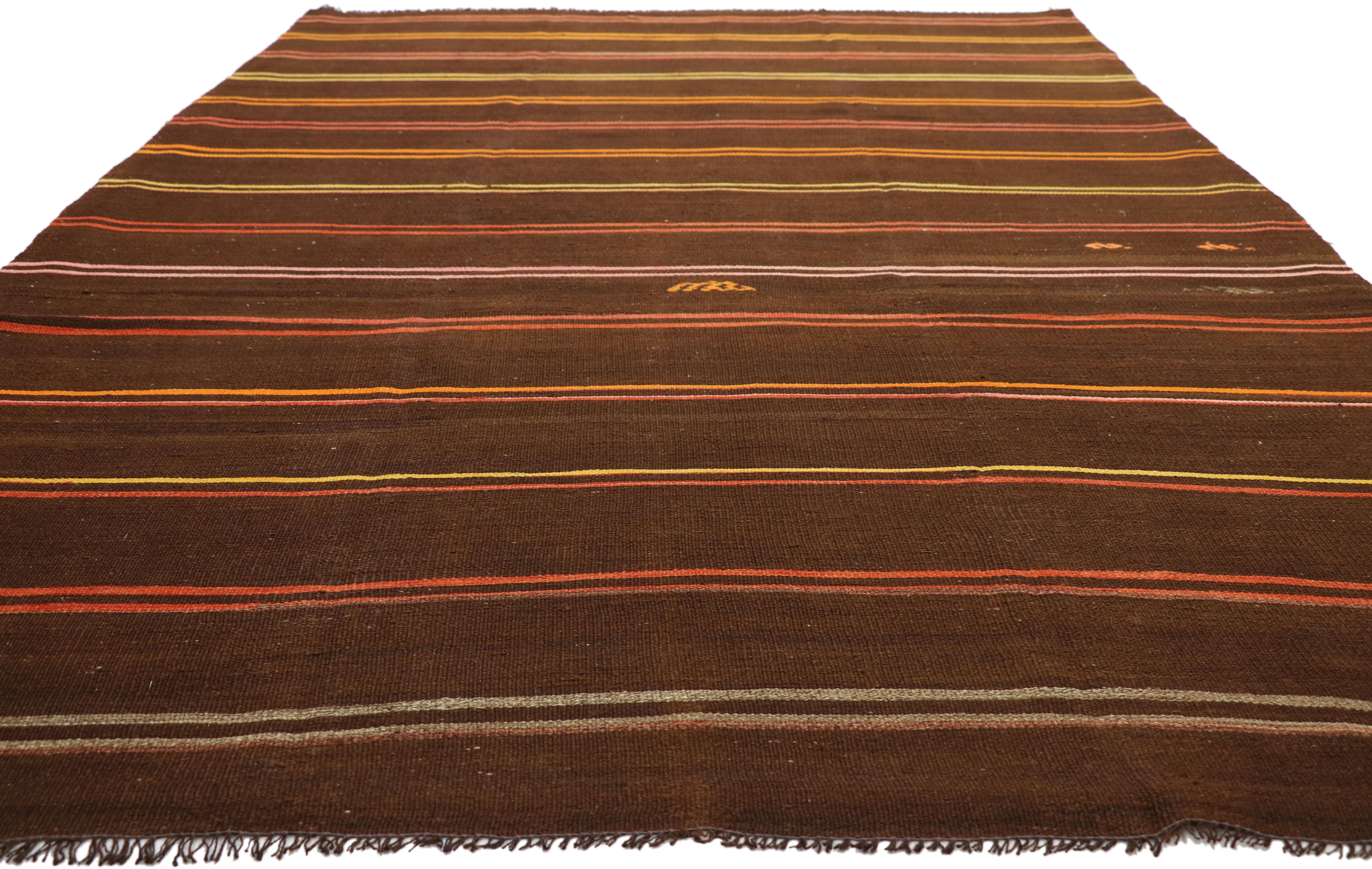 Hand-Woven Vintage Turkish Striped Kilim Area Rug with Bohemian Tribal Style For Sale