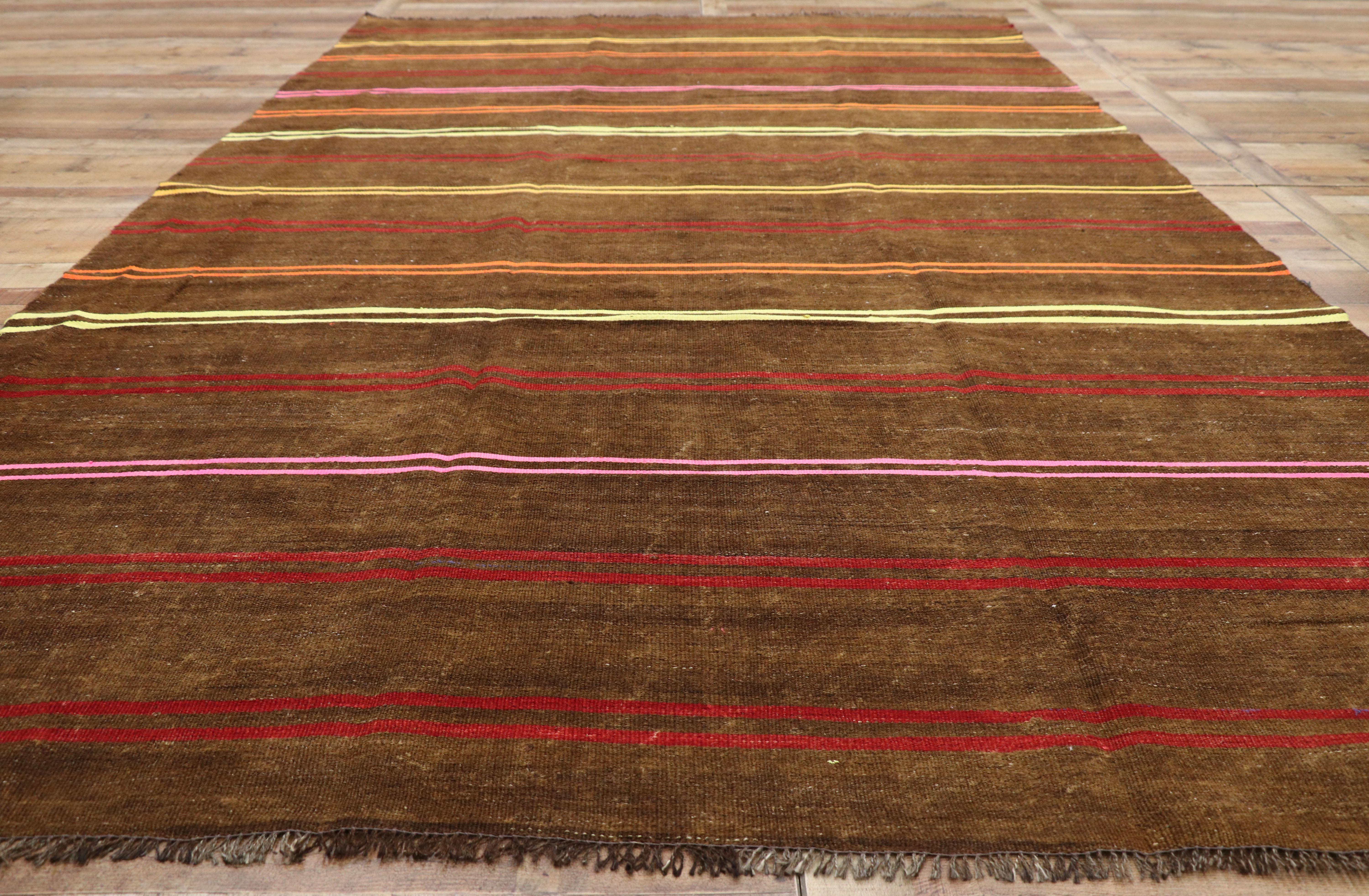 Wool Vintage Turkish Striped Kilim Area Rug with Bohemian Tribal Style For Sale