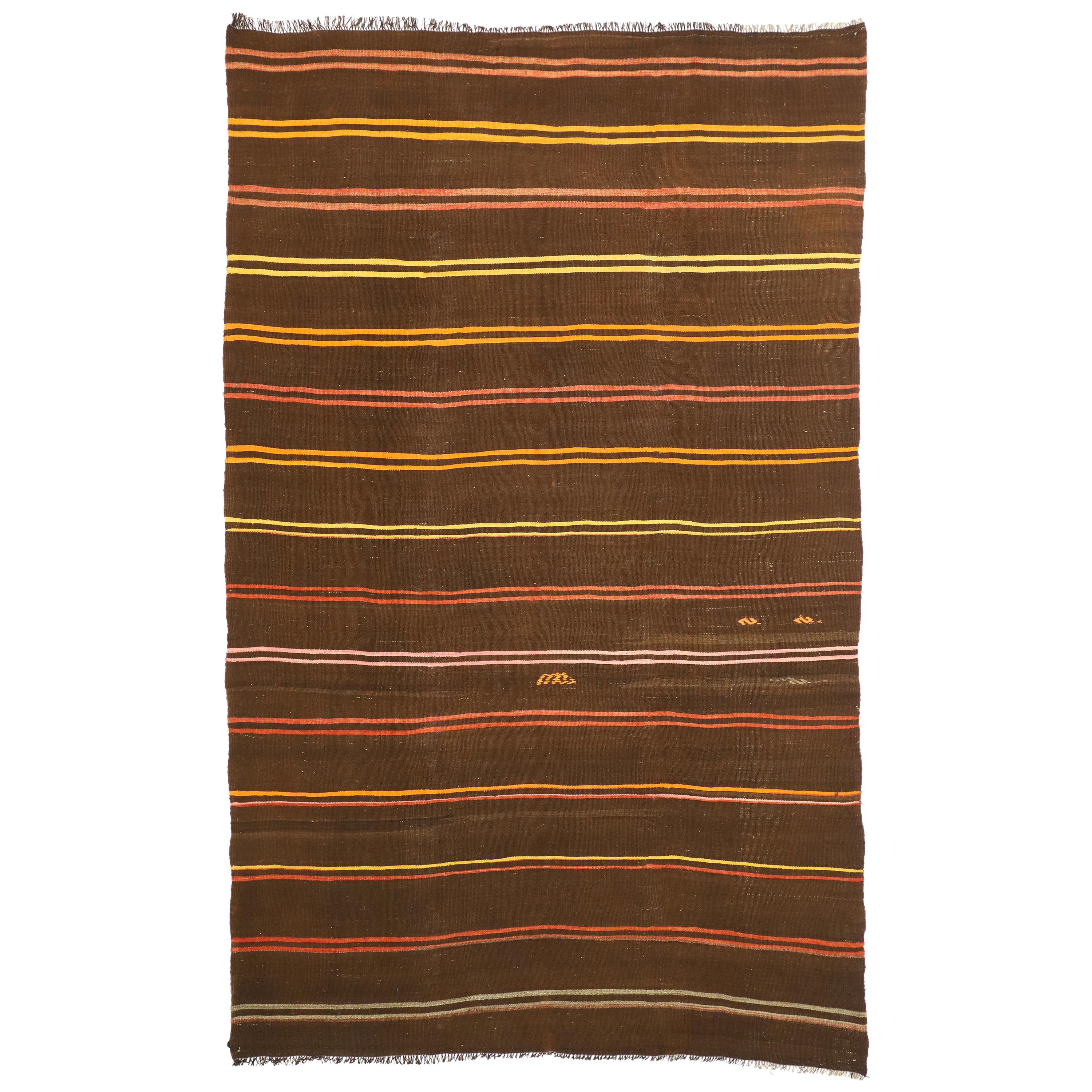 Vintage Turkish Striped Kilim Area Rug with Bohemian Tribal Style