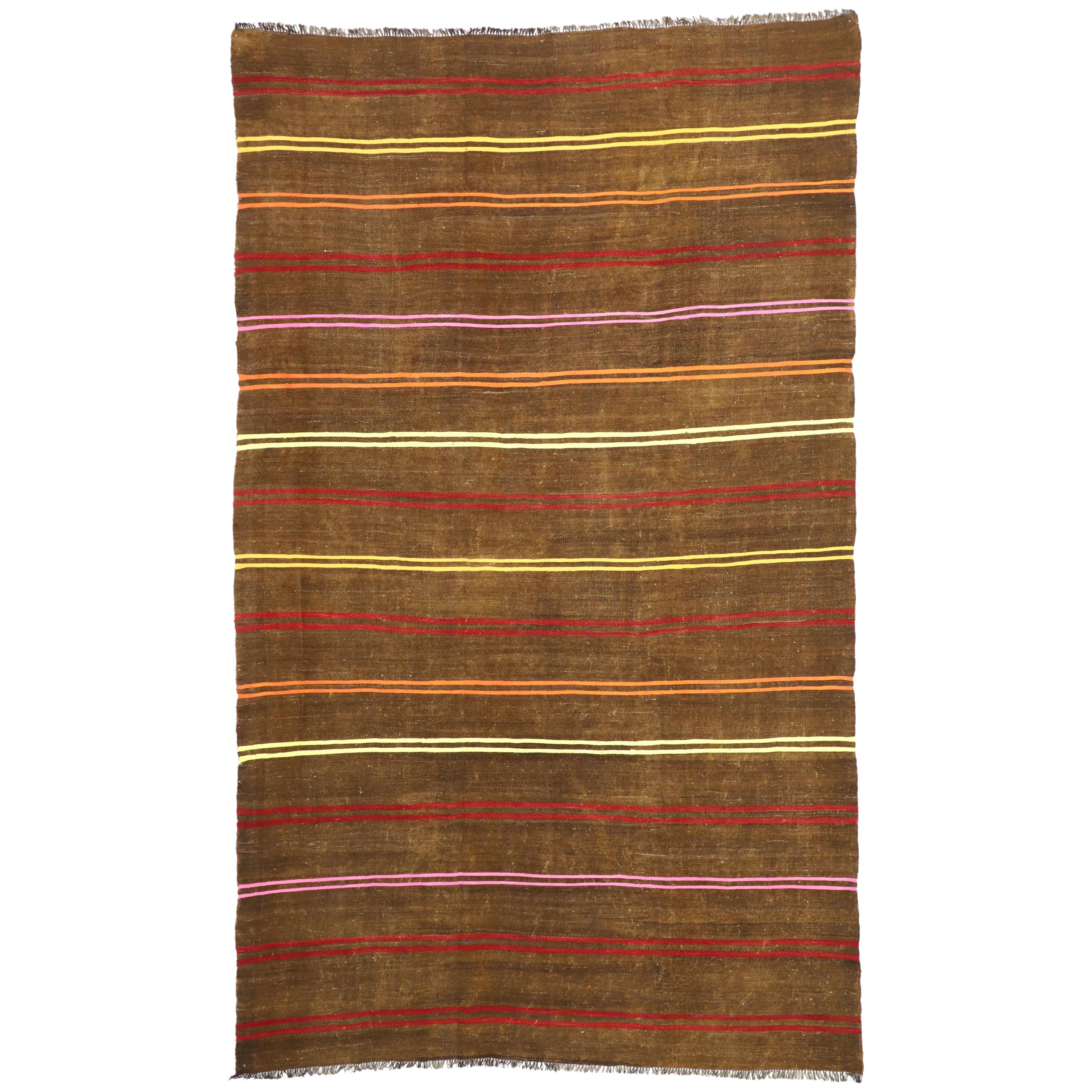 Vintage Turkish Striped Kilim Area Rug with Bohemian Tribal Style For Sale