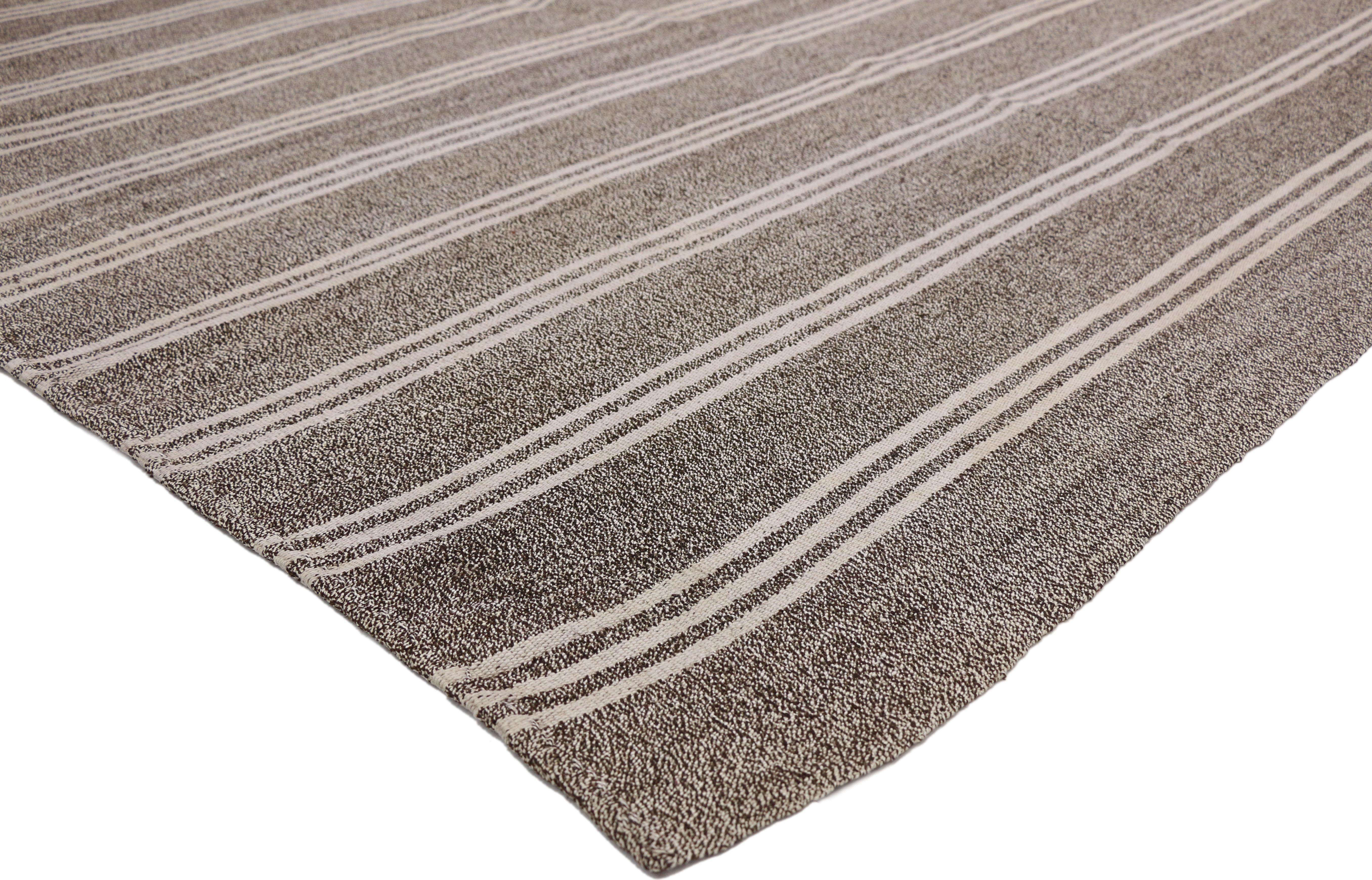 50885 vintage Turkish striped Kilim area rug with Modern Industrial. This vintage striped Kilim area rug features a series of triple bands running the length of the carpet. This vintage Turkish Kilim rug is a beautiful marriage of modern Industrial