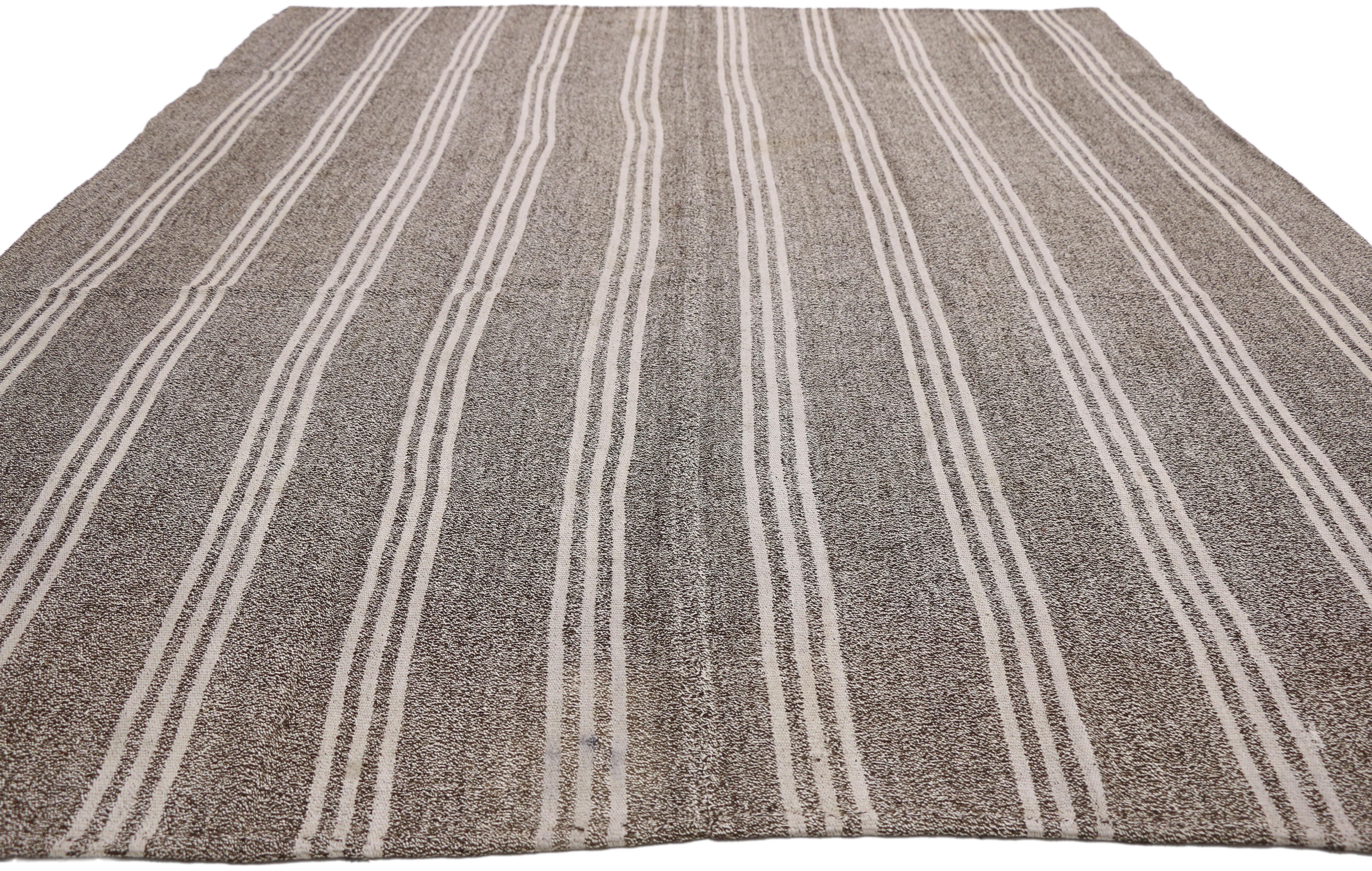 Hand-Woven Vintage Turkish Striped Kilim Area Rug with Modern Industrial Style For Sale
