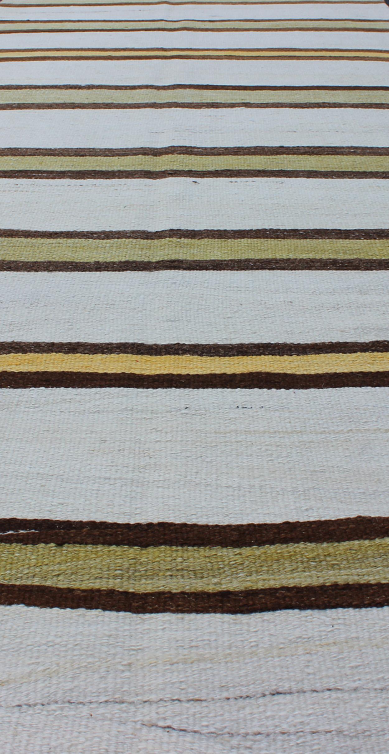 Vintage Turkish Striped Kilim Flat-Weave Runner in White, Yellow, Green, Brown 4