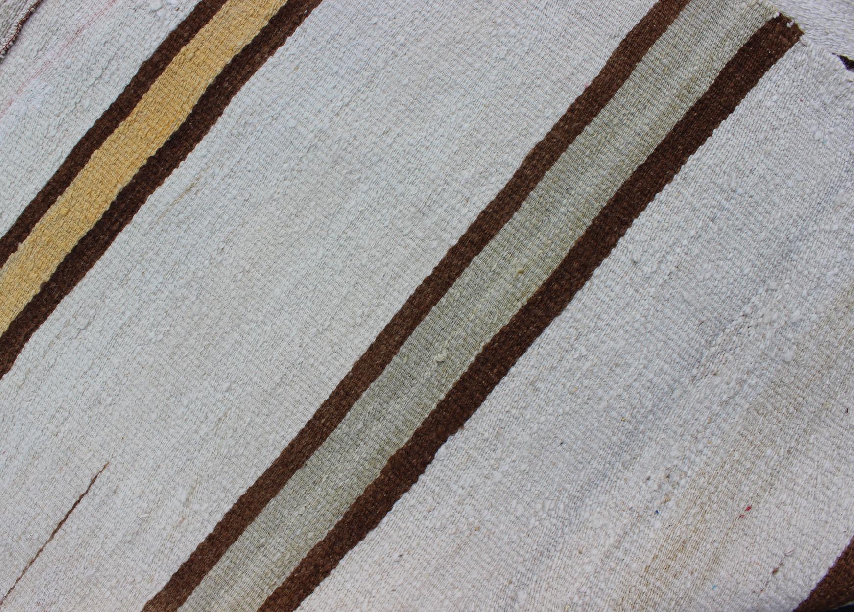 Vintage Turkish Striped Kilim Flat-Weave Runner in White, Yellow, Green, Brown 5