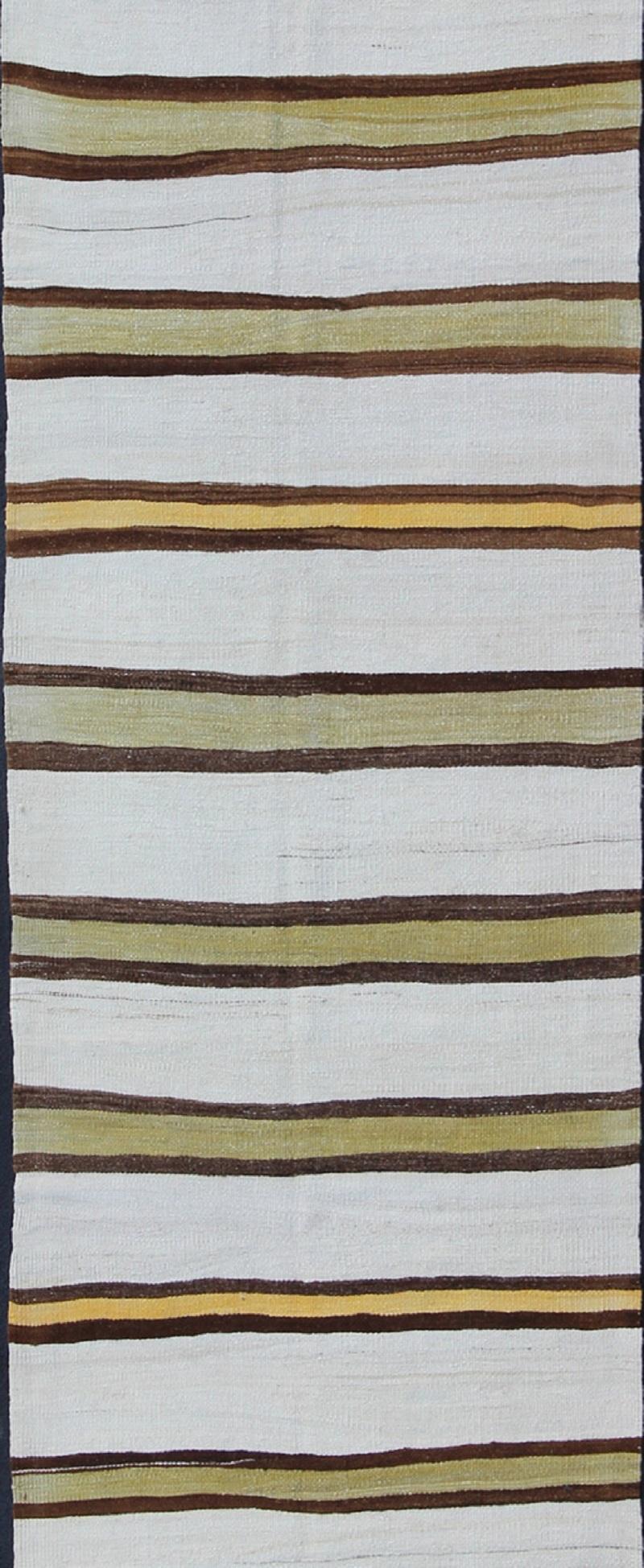 Hand-Knotted Vintage Turkish Striped Kilim Flat-Weave Runner in White, Yellow, Green, Brown