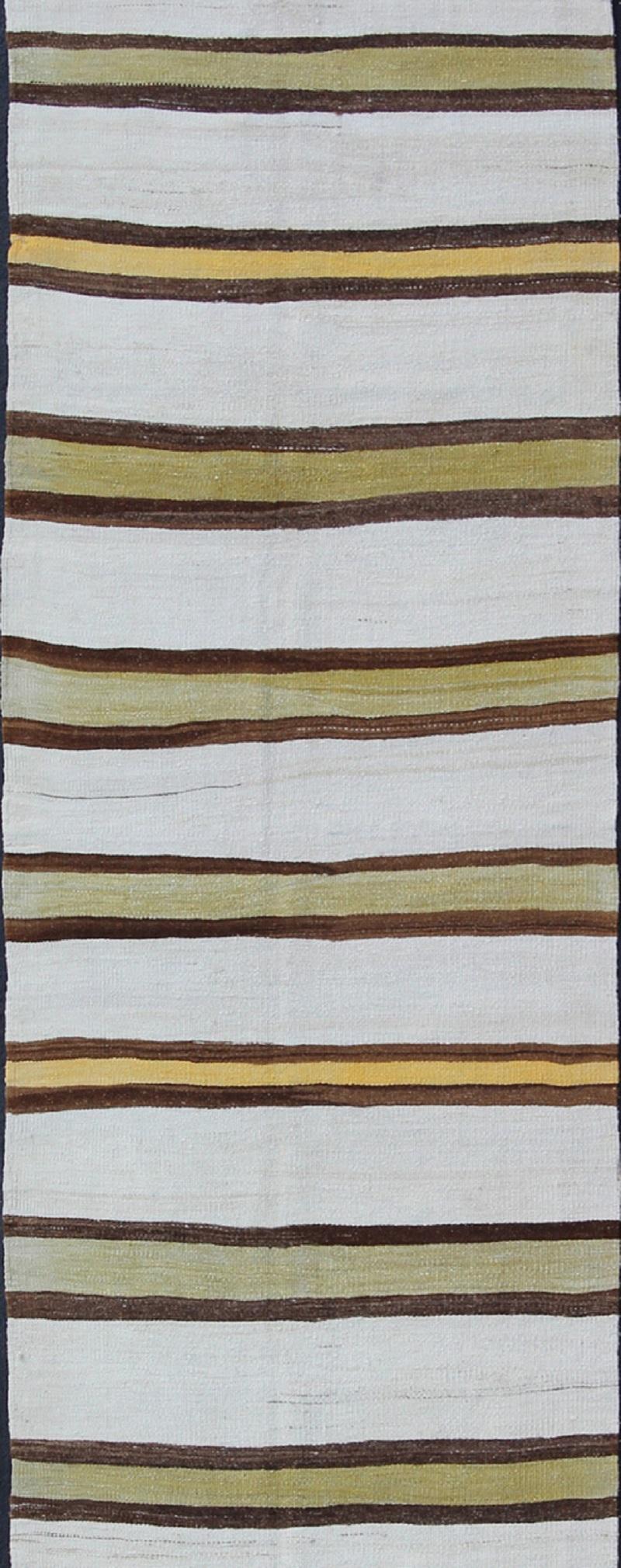 Vintage Turkish Striped Kilim Flat-Weave Runner in White, Yellow, Green, Brown In Good Condition In Atlanta, GA