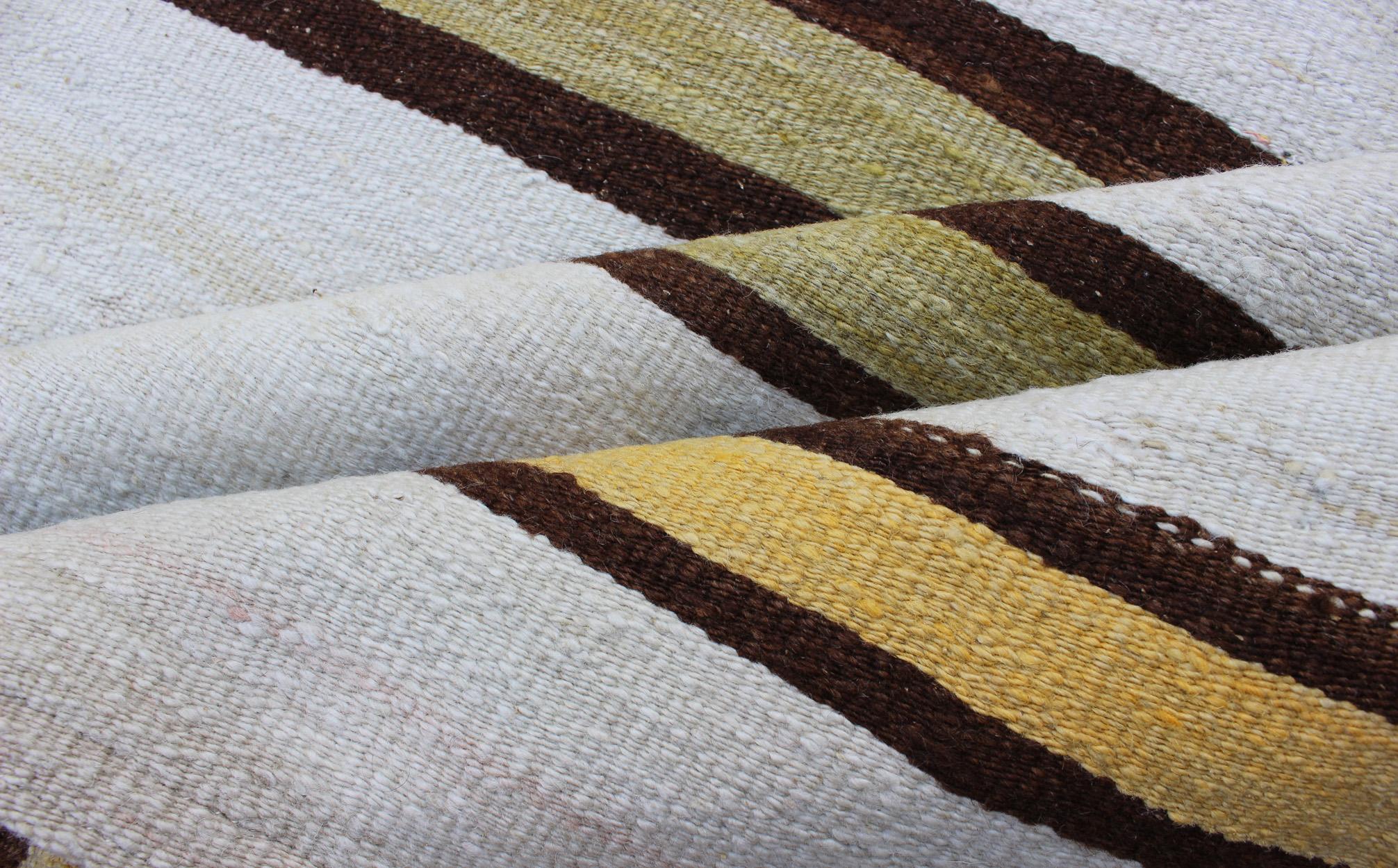 Mid-20th Century Vintage Turkish Striped Kilim Flat-Weave Runner in White, Yellow, Green, Brown