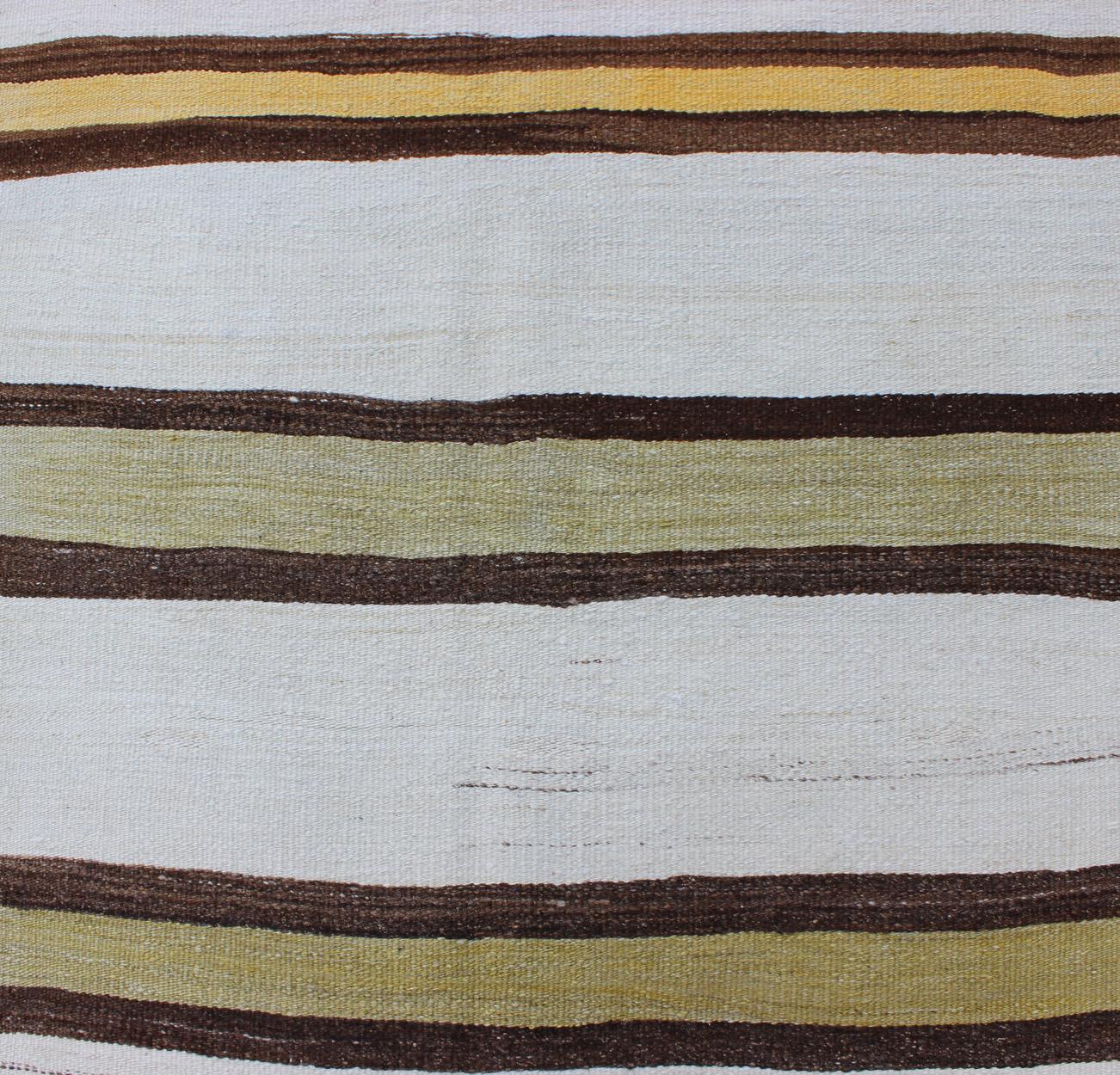Wool Vintage Turkish Striped Kilim Flat-Weave Runner in White, Yellow, Green, Brown