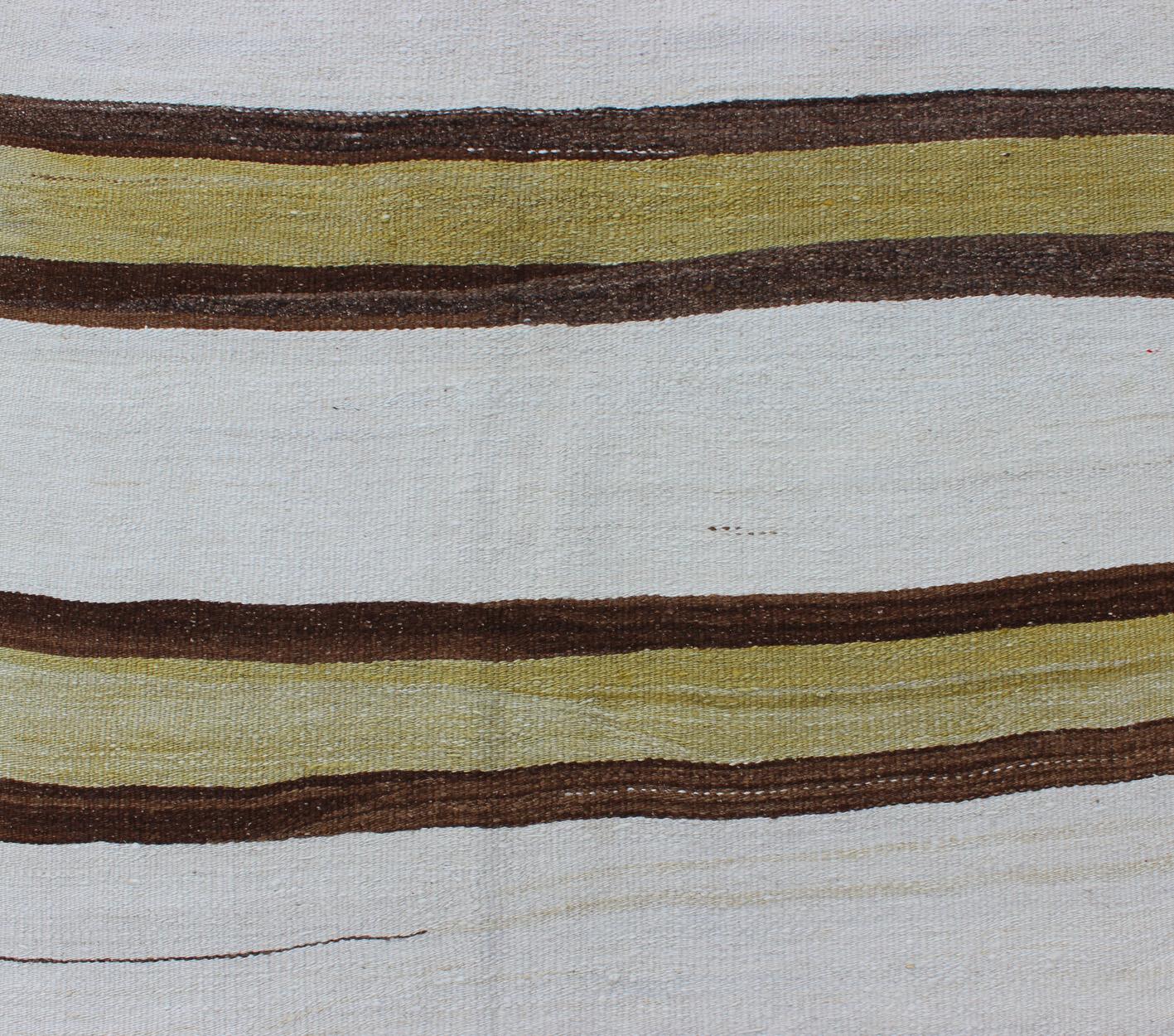 Vintage Turkish Striped Kilim Flat-Weave Runner in White, Yellow, Green, Brown 1