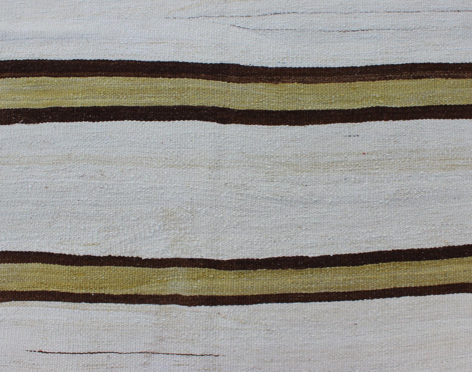 Vintage Turkish Striped Kilim Flat-Weave Runner in White, Yellow, Green, Brown 2