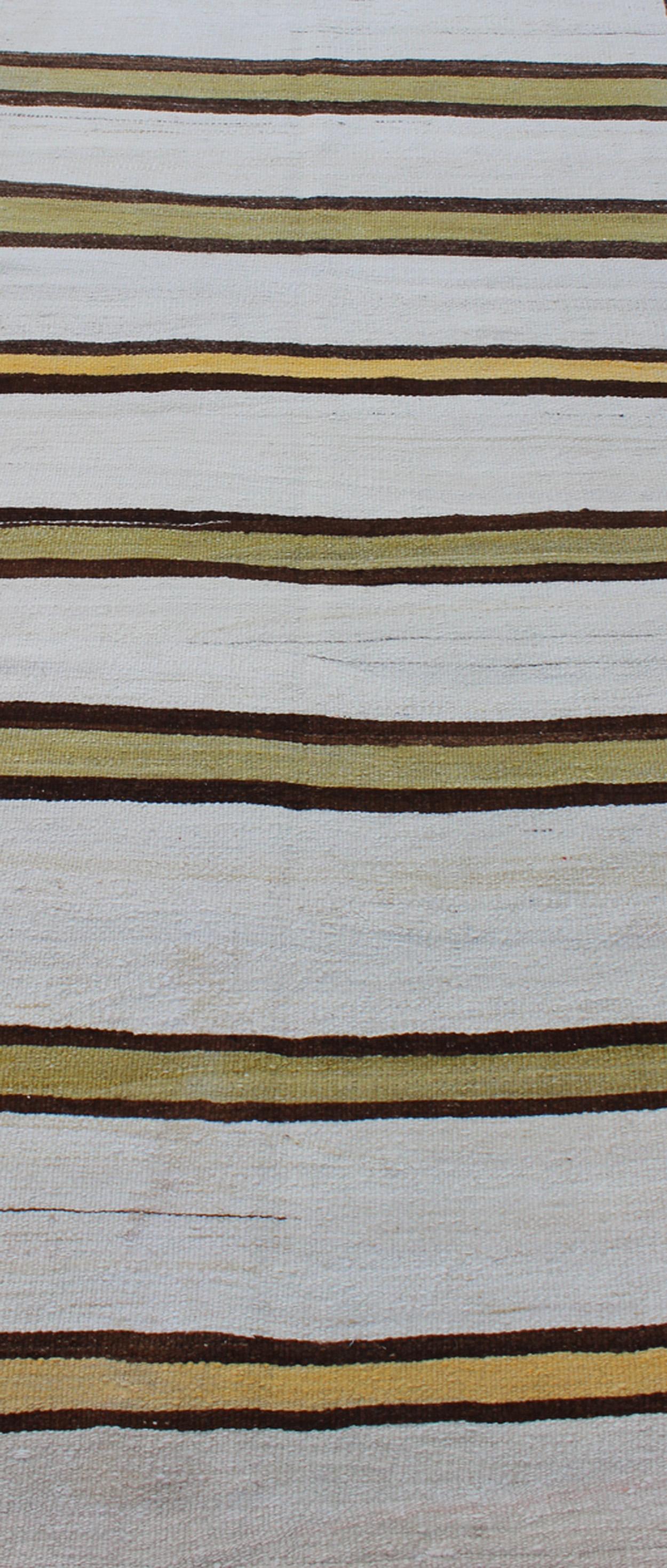 Vintage Turkish Striped Kilim Flat-Weave Runner in White, Yellow, Green, Brown 3