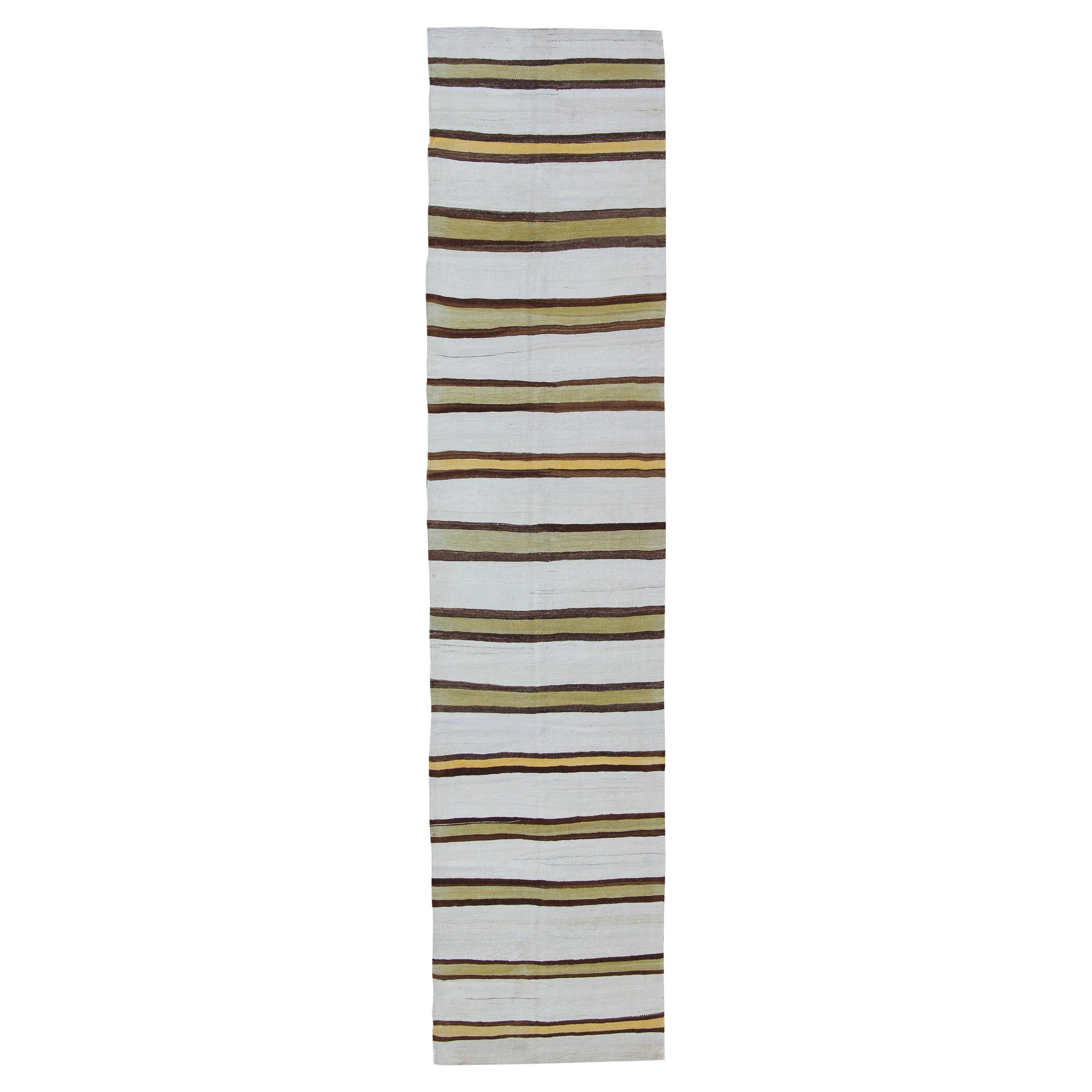 Vintage Turkish Striped Kilim Flat-Weave Runner in White, Yellow, Green, Brown