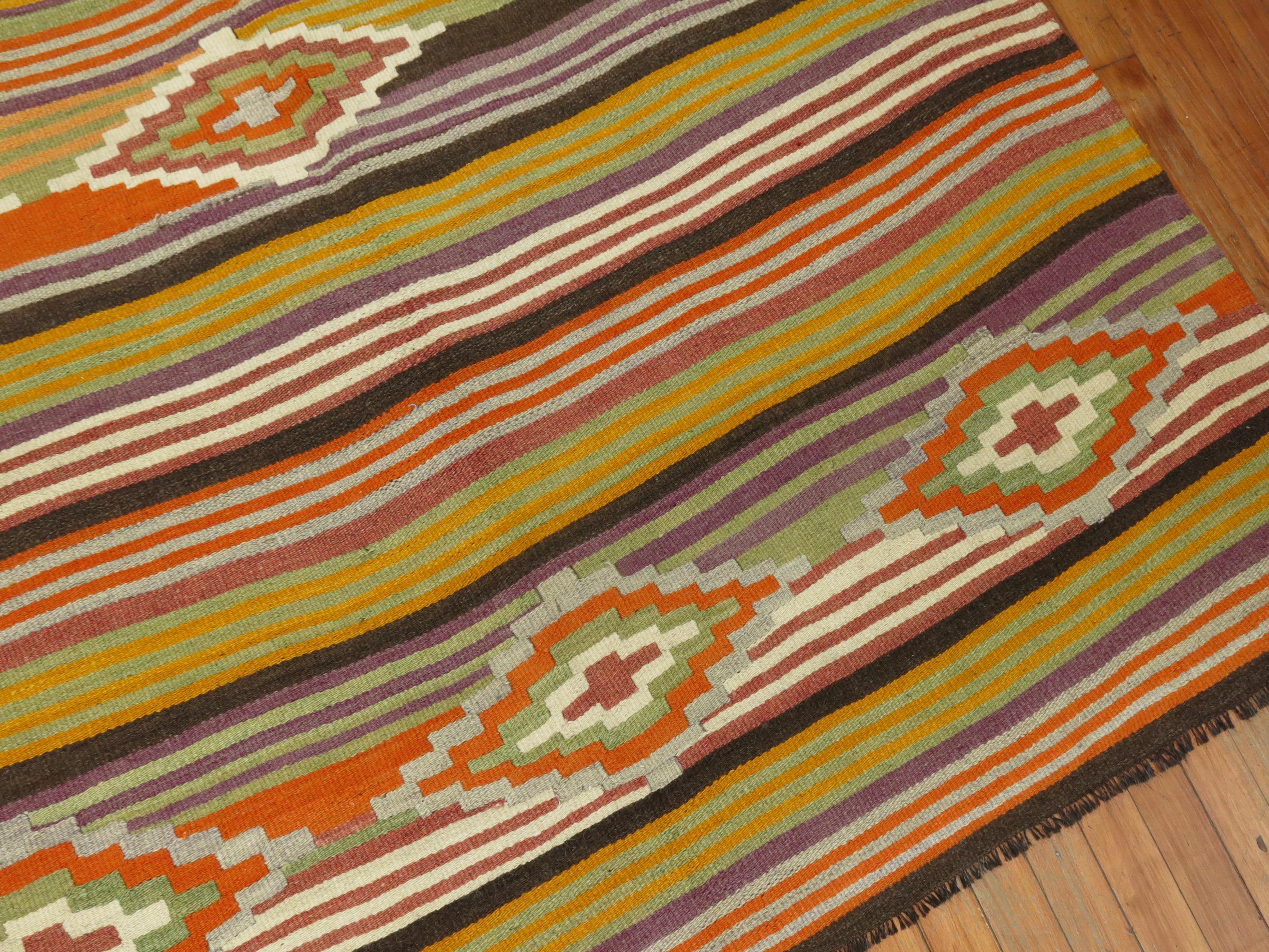 Wool Vintage Turkish Striped Kilim For Sale