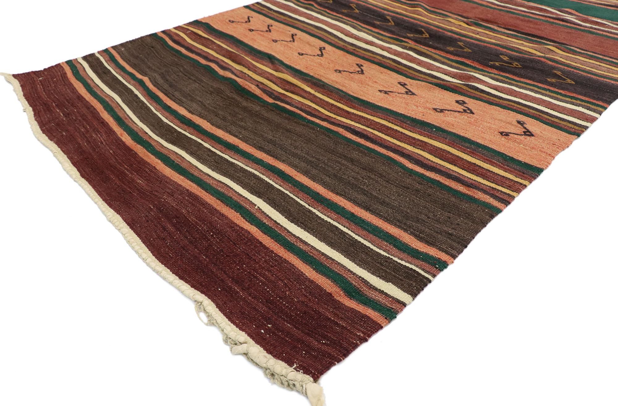 Hand-Woven Vintage Turkish Striped Kilim Gallery Rug with Modern Cabin Style