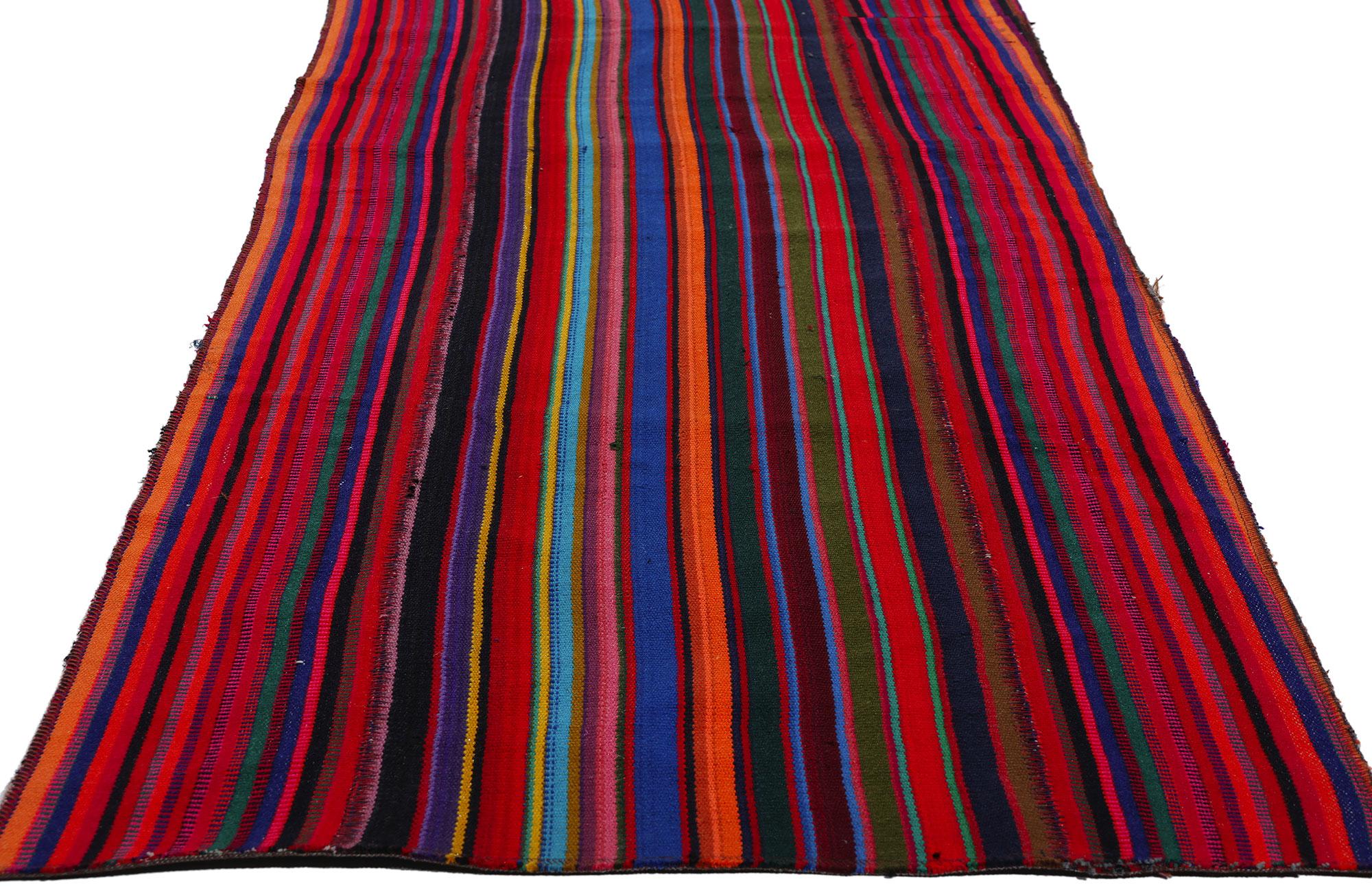78741 Vintage Turkish Striped Kilim Rug Runner, 02'04 x 12'07. The nomadic Shahsevan people are credited as the originators of the Jajim handicraft, a thicker textile akin to a blanket, traditionally utilized as a means for packing belongings during