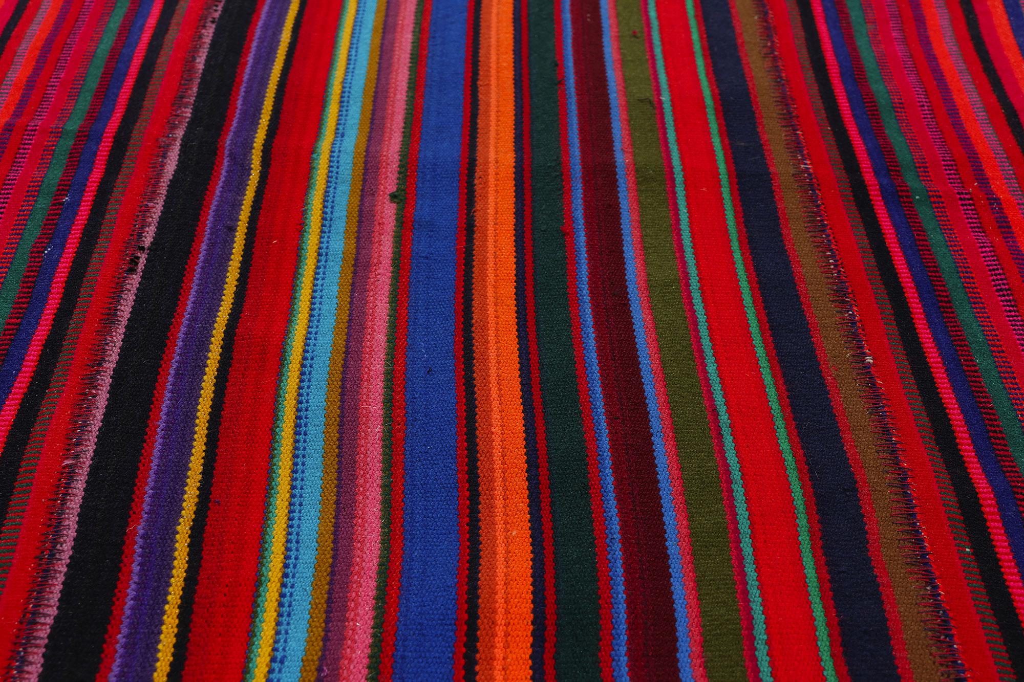 Hand-Woven  Vintage Turkish Striped Kilim Rug, Colorful Bohemian Meets Maximalist Elegance For Sale