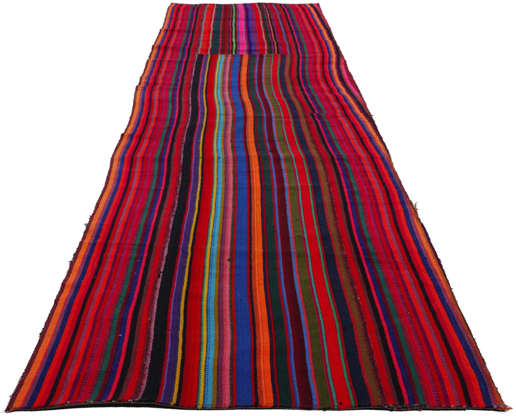 Wool  Vintage Turkish Striped Kilim Rug, Colorful Bohemian Meets Maximalist Elegance For Sale