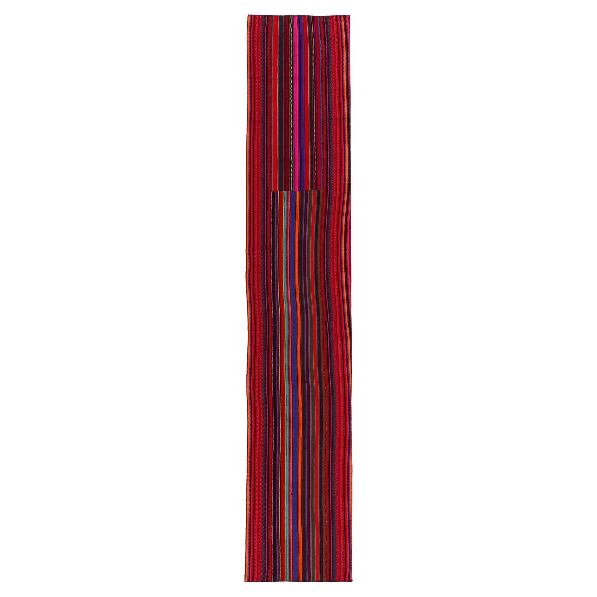  Vintage Turkish Striped Kilim Rug, Colorful Bohemian Meets Maximalist Elegance For Sale