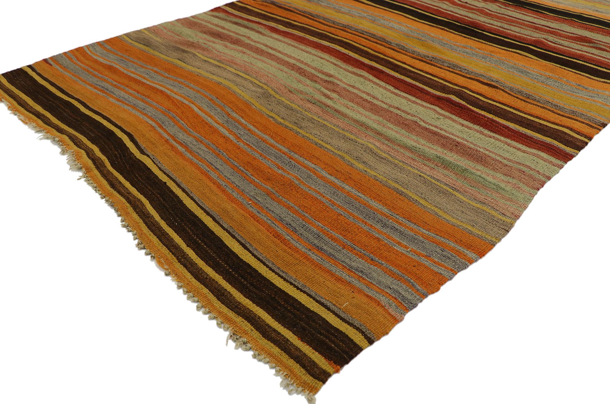 53117 vintage Turkish Striped Kilim rug. With its warm hues and rugged beauty, this handwoven wool striped kilim rug manages to meld contemporary, modern, and traditional design elements. The flat-weave kilim rug features a variety of colorful