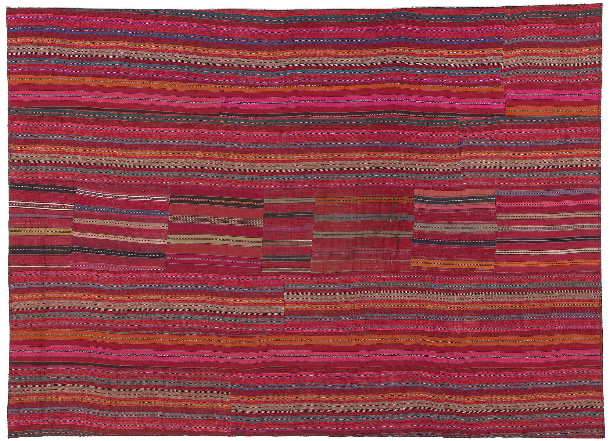 Distressed Vintage Turkish Striped Kilim Rug, Rustic Charm Meets Rugged Beauty For Sale 4