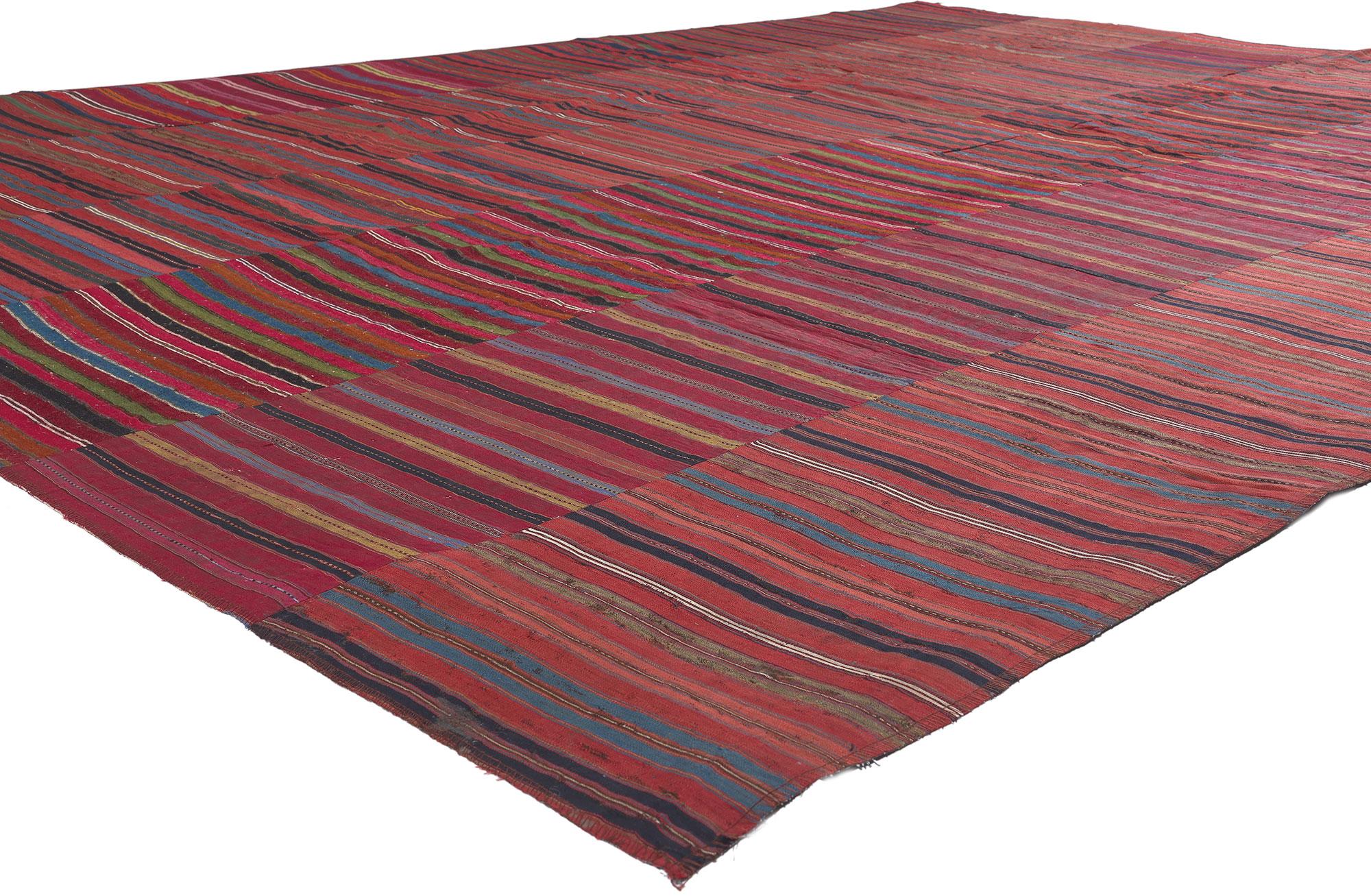 ​60643 Vintage Turkish Striped Kilim Rug, 08'06 x 11'07.
Rustic sensibility meets rugged charm in this handwoven wool vintage Turkish kilim rug. The striped design and kaleidoscope of colors woven into this piece work together creating a modern yet