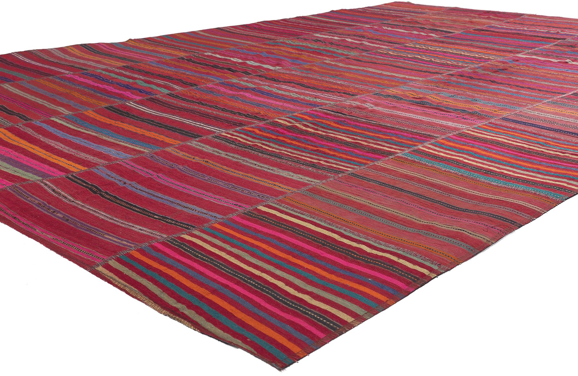 60648 Vintage Turkish Striped Kilim Rug, 07'03 x 11'00.
Rugged beauty collides with weathered charm and rustic sensibility in this handwoven wool vintage Turkish kilim rug. The striped panel design and vibrant colors woven into this piece work
