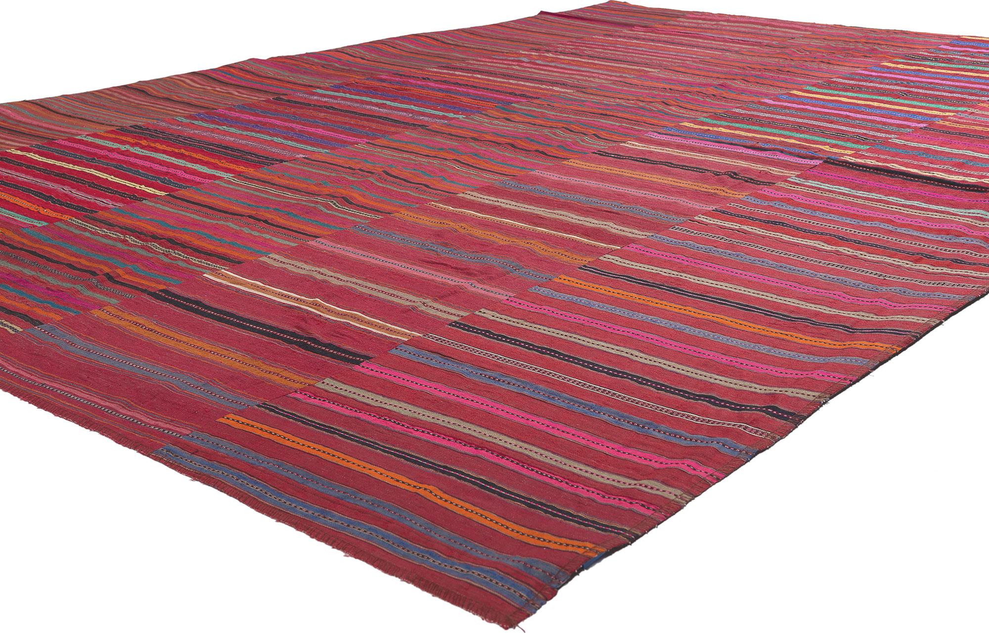 60649 Vintage Turkish Striped Kilim Rug, 06'07 x 09'10.
Weathered charm and rugged beauty collides with rustic sensibility in this handwoven wool vintage Turkish kilim rug. The striped panel design and lively colors woven into this piece work