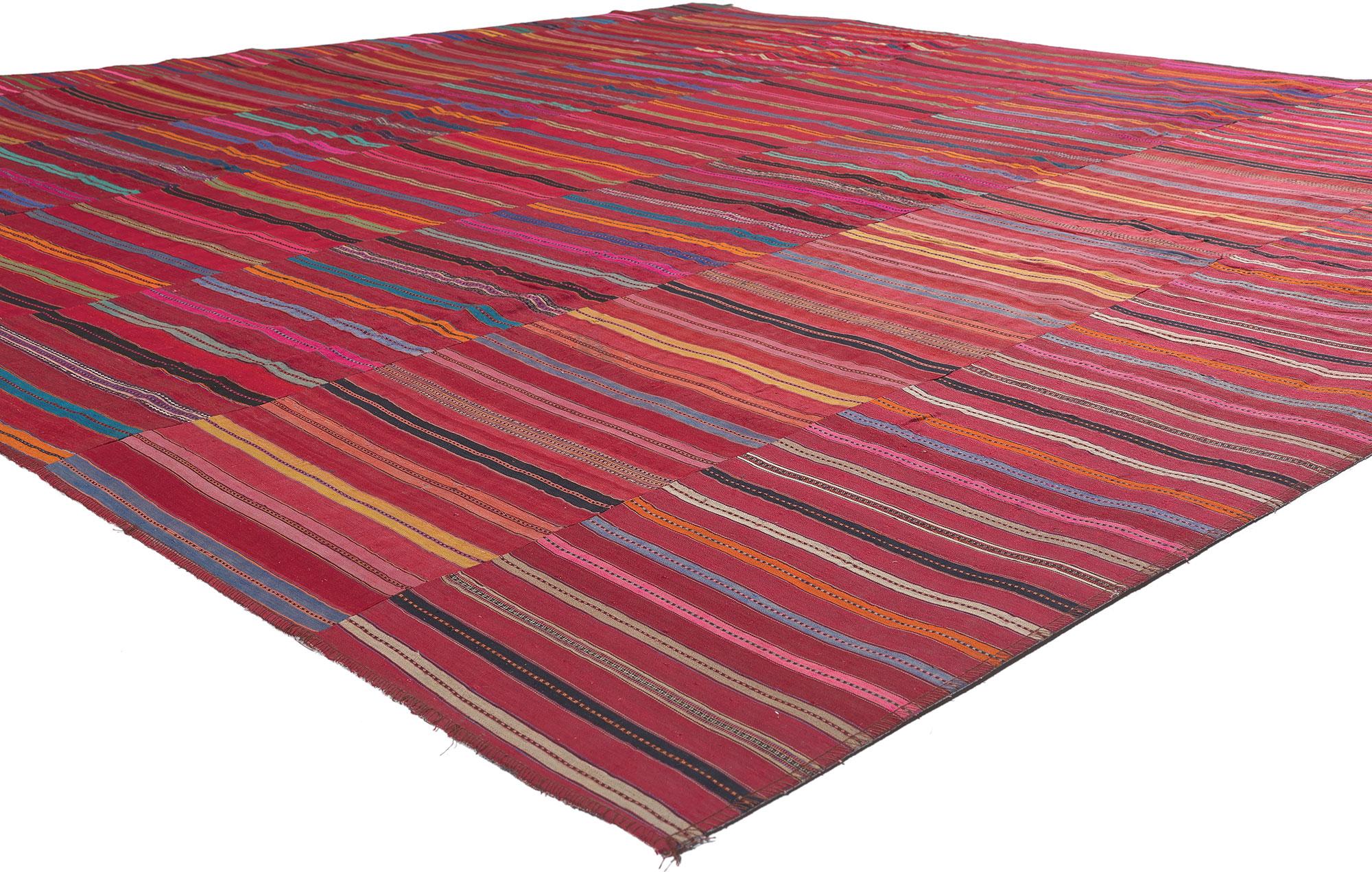 60651 Vintage Turkish Striped Kilim Rug, 09'05 x 09'07.
Rugged beauty collides with weathered charm and rustic sensibility in this handwoven wool vintage Turkish kilim rug. The allover striped panel design and lively colors woven into this piece