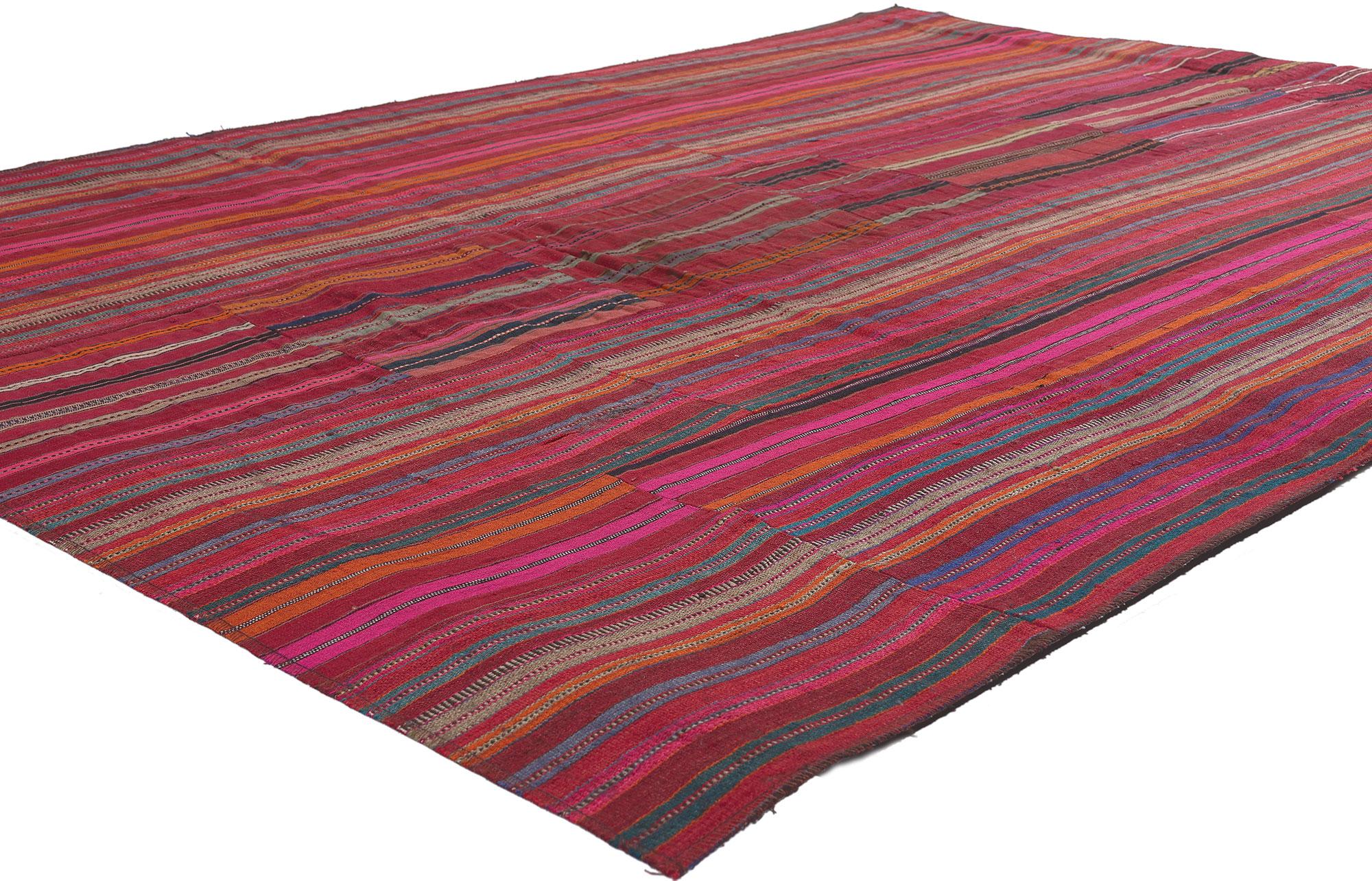 60812 Vintage Turkish Striped Kilim Rug, 05'05 x 07'06.
Weathered charm and rugged beauty collides with rustic sensibility in this handwoven wool vintage Turkish kilim rug. The striped panel design and lively colors woven into this piece work