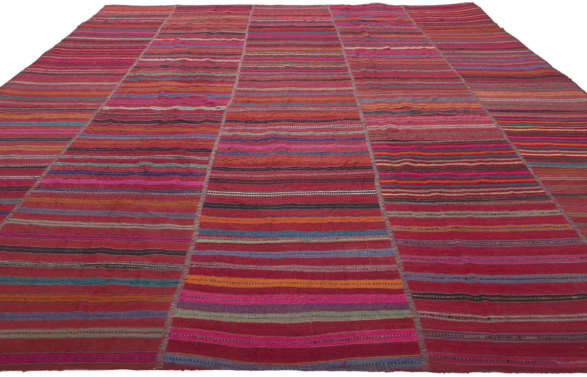 Hand-Woven Vintage Turkish Striped Kilim Rug, Rustic Charm Meets Rugged Beauty For Sale