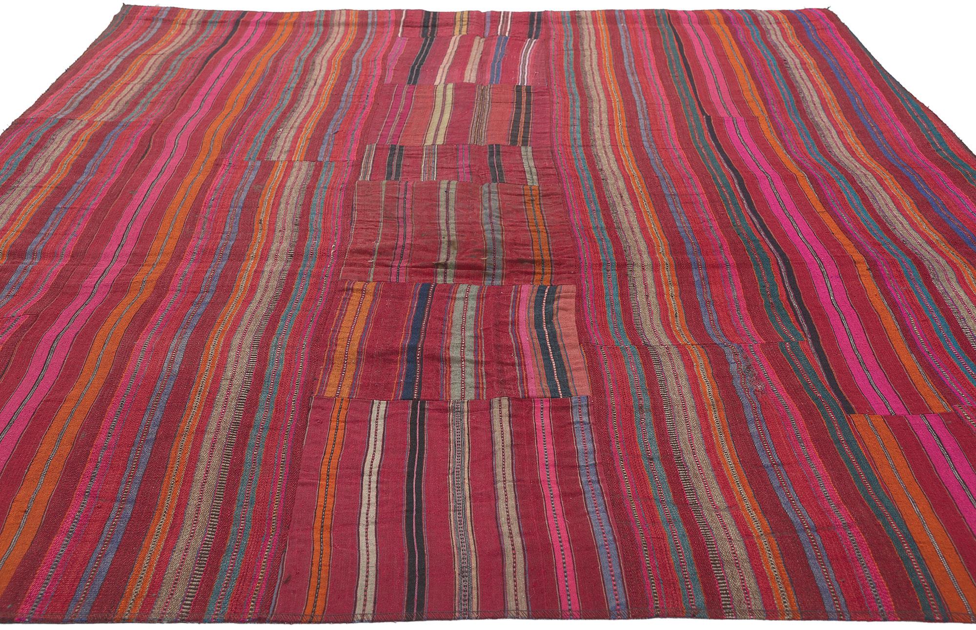 Hand-Woven Distressed Vintage Turkish Striped Kilim Rug, Rustic Charm Meets Rugged Beauty For Sale