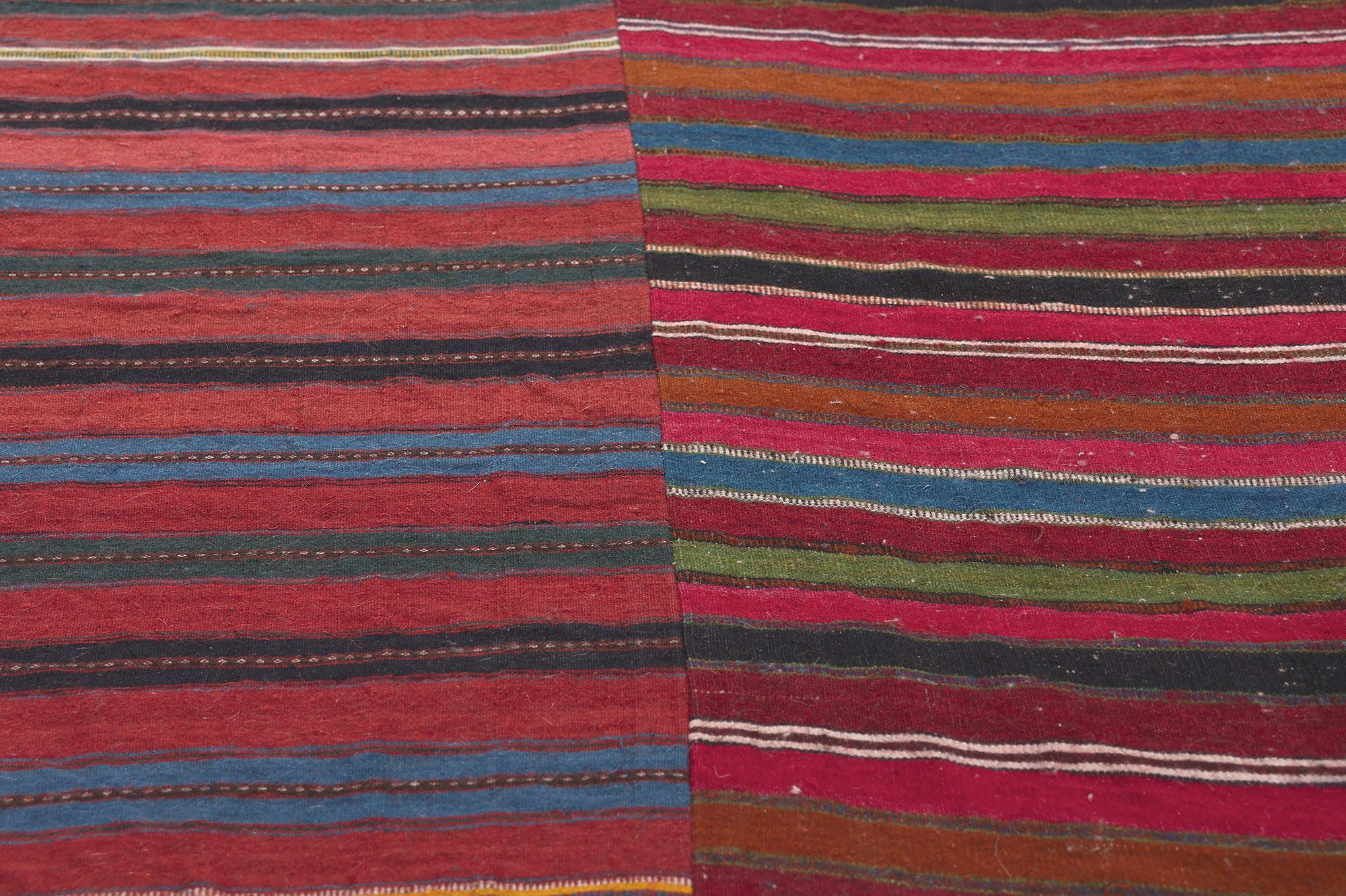 Vintage Turkish Striped Kilim Rug, Rustic Charm Meets Rugged Beauty In Distressed Condition For Sale In Dallas, TX
