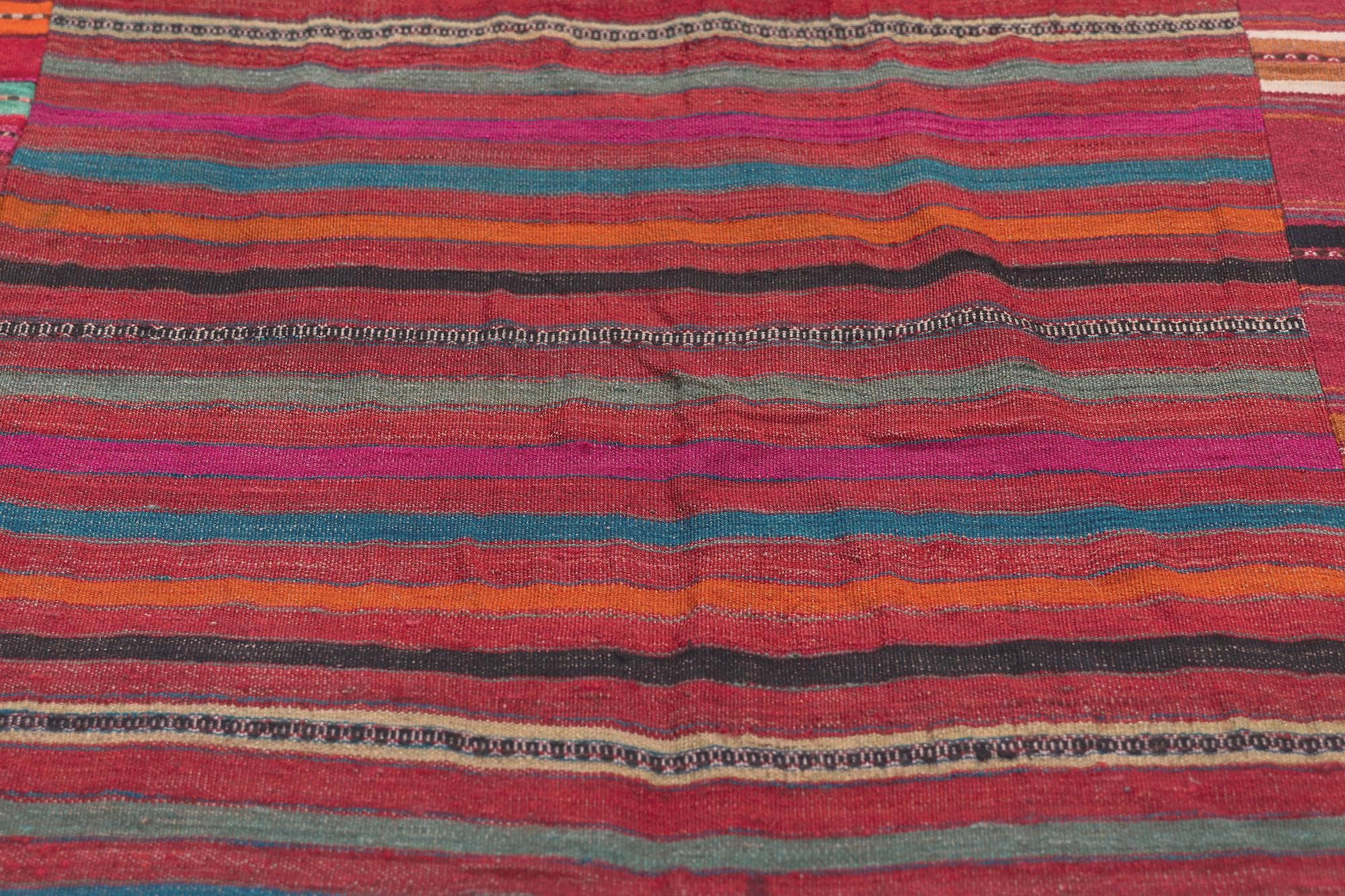 Vintage Turkish Striped Kilim Rug, Rustic Charm Meets Rugged Beauty In Distressed Condition In Dallas, TX