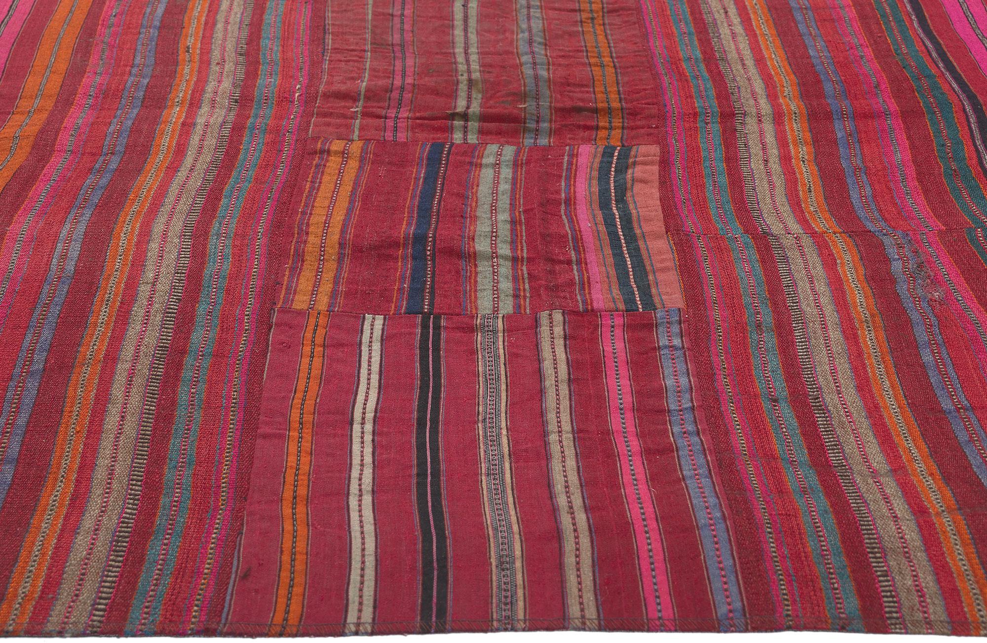 20th Century Distressed Vintage Turkish Striped Kilim Rug, Rustic Charm Meets Rugged Beauty For Sale