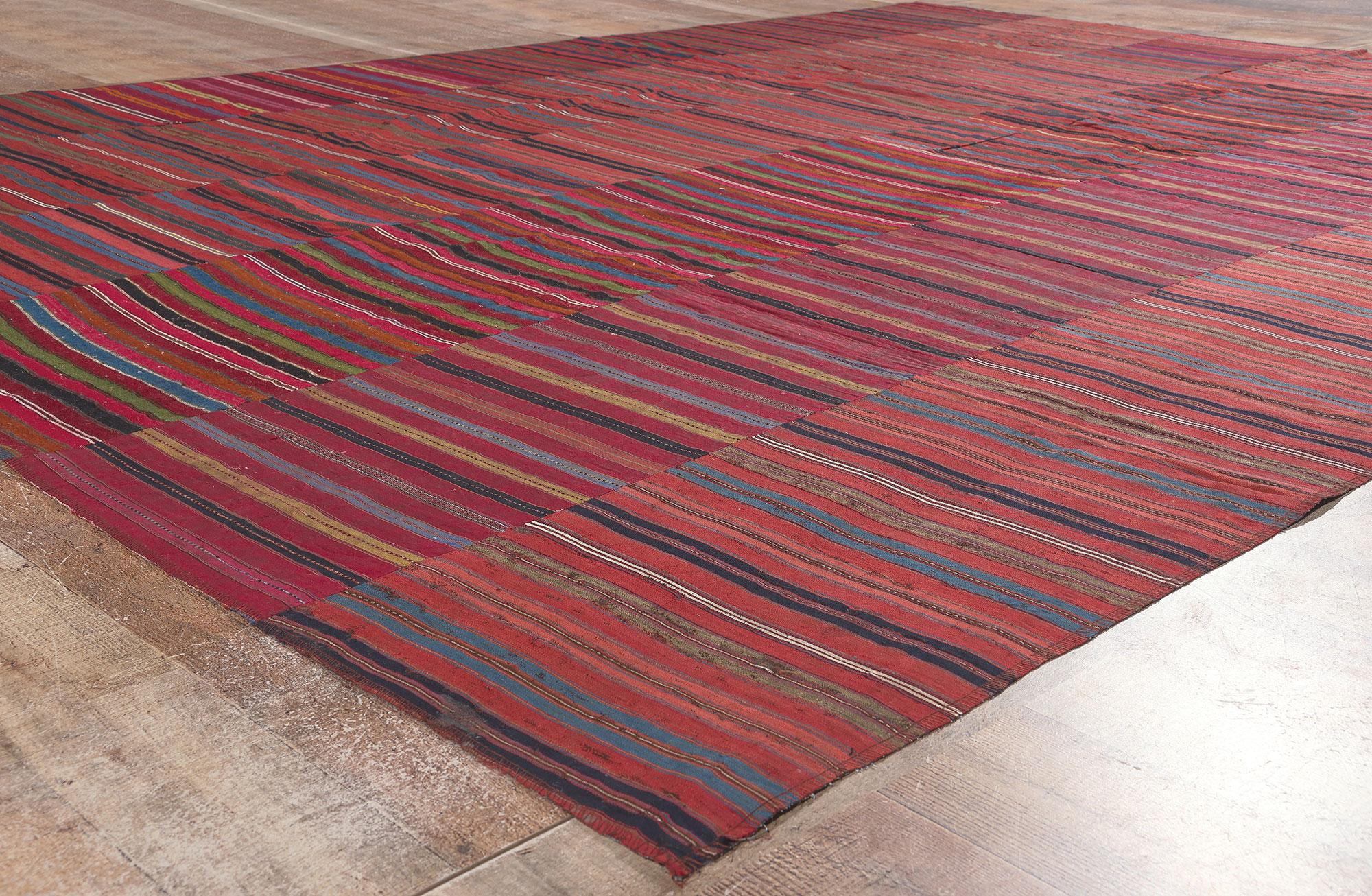 Vintage Turkish Striped Kilim Rug, Rustic Charm Meets Rugged Beauty For Sale 1